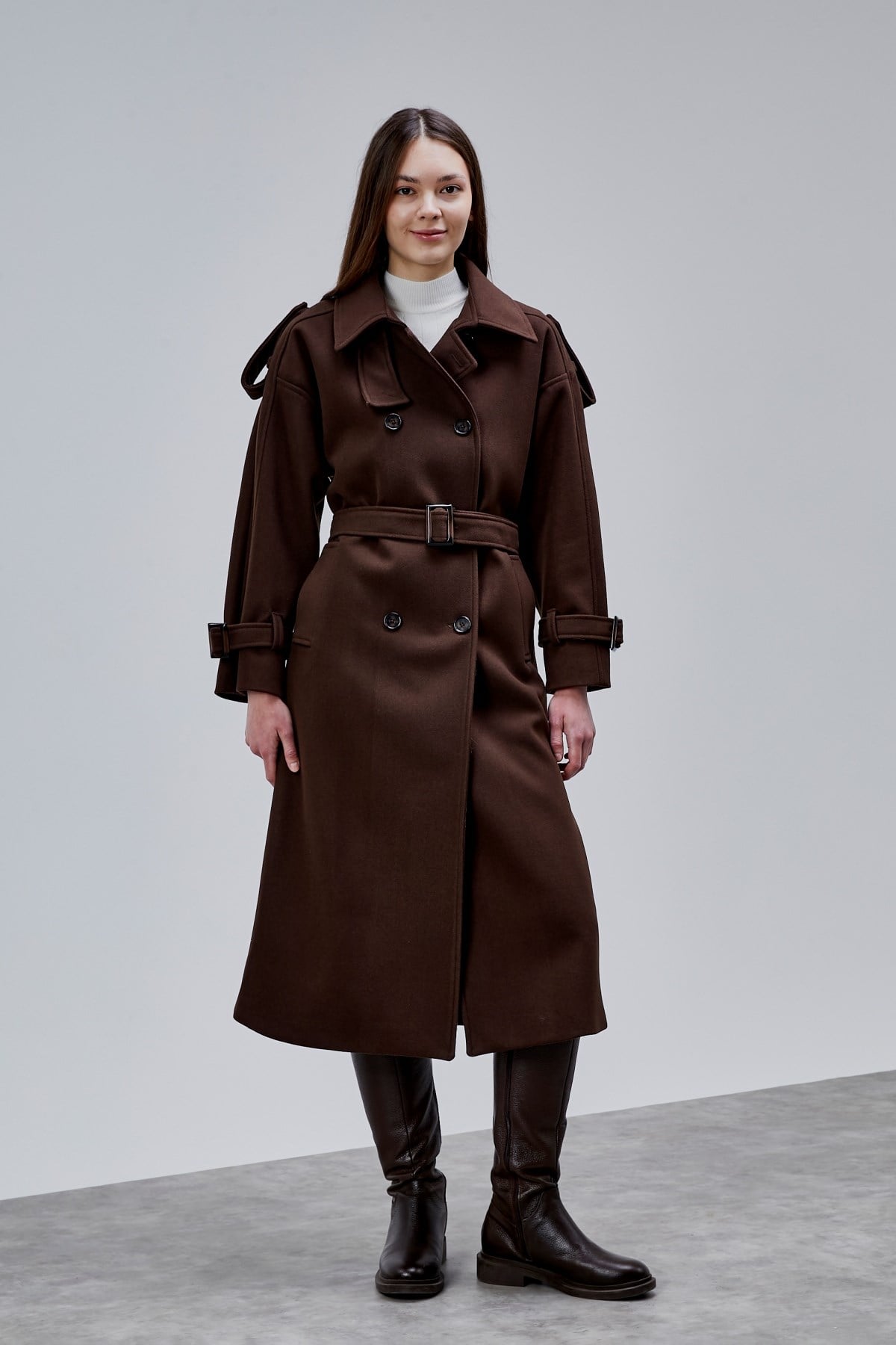 Acı Kahve Kuşaklı Oversize Kaşe Kaban 44577 