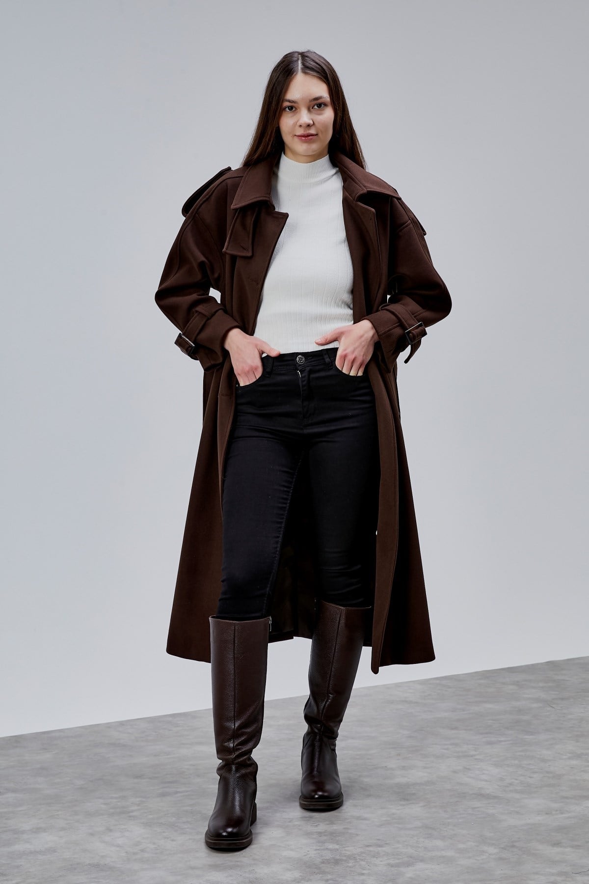 Acı Kahve Kuşaklı Oversize Kaşe Kaban 44577 