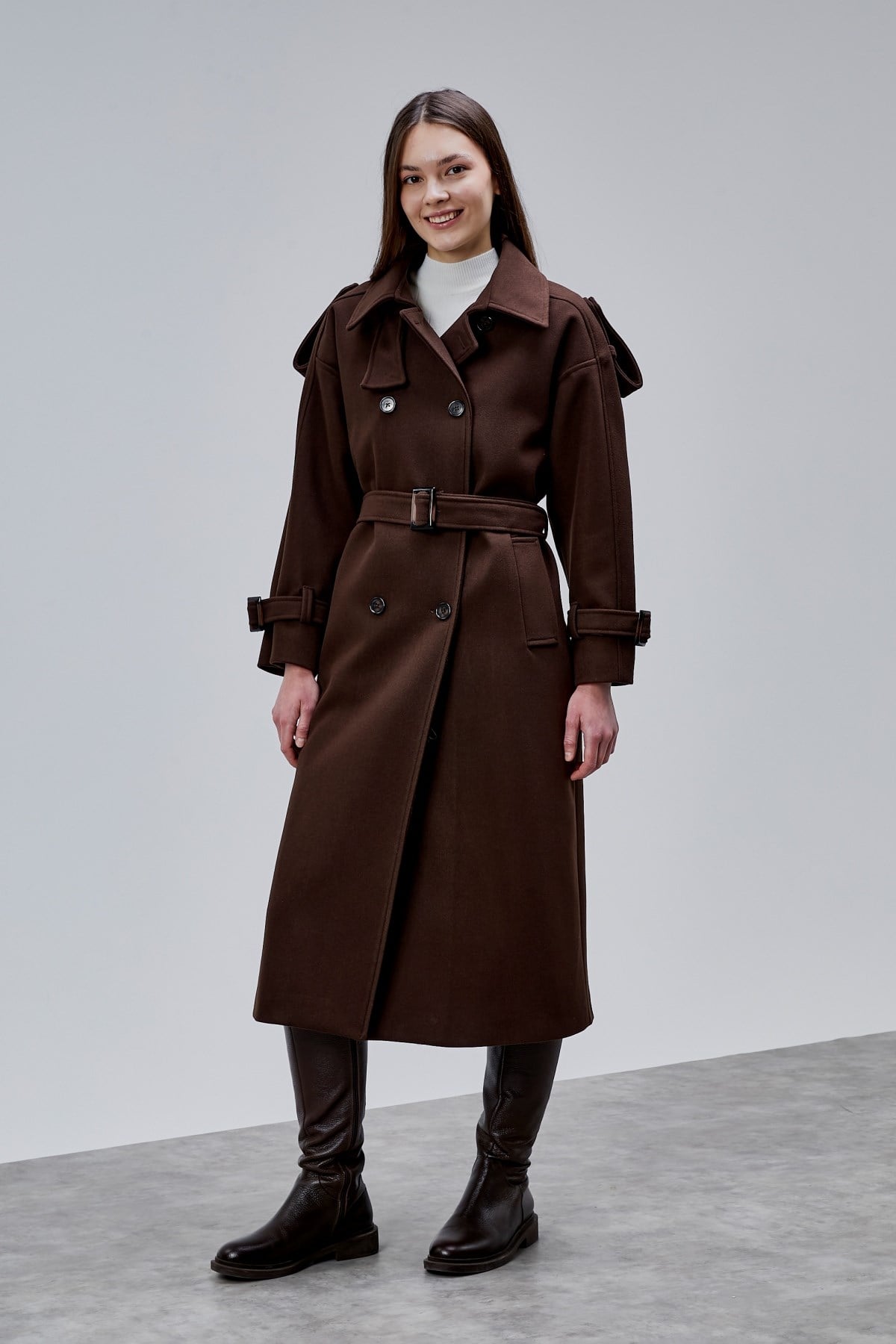 Acı Kahve Kuşaklı Oversize Kaşe Kaban 44577 
