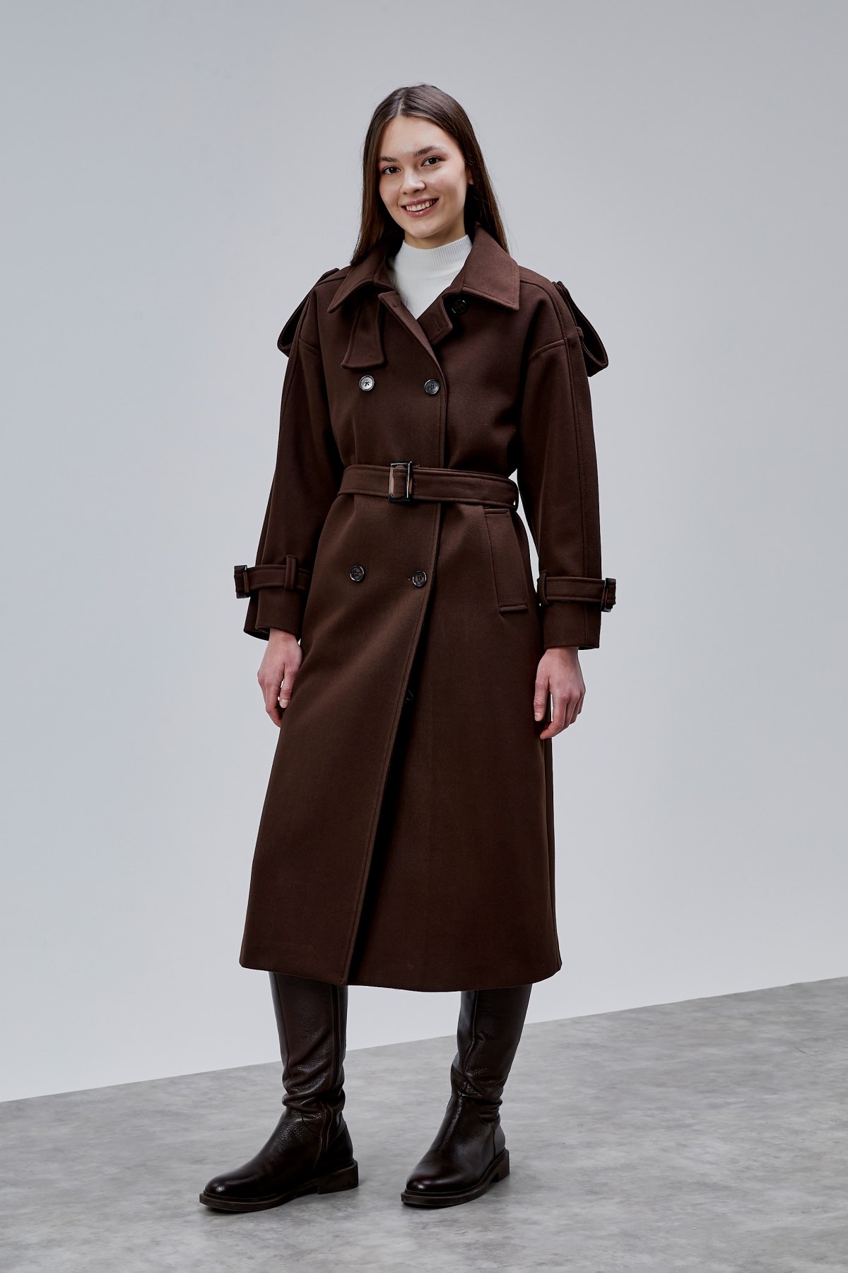 Acı Kahve Kuşaklı Oversize Kaşe Kaban 44577 