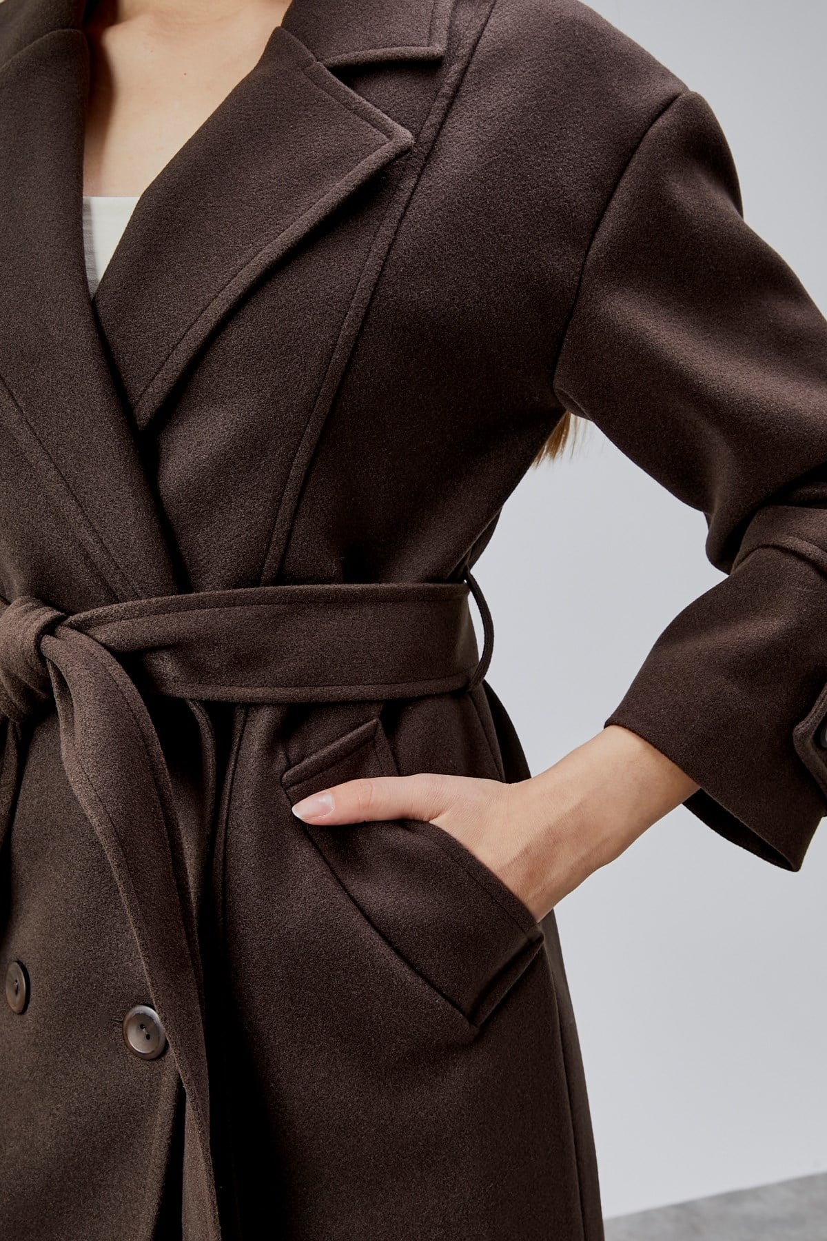Acı Kahve Kuşaklı Oversize Kaşe Kaban