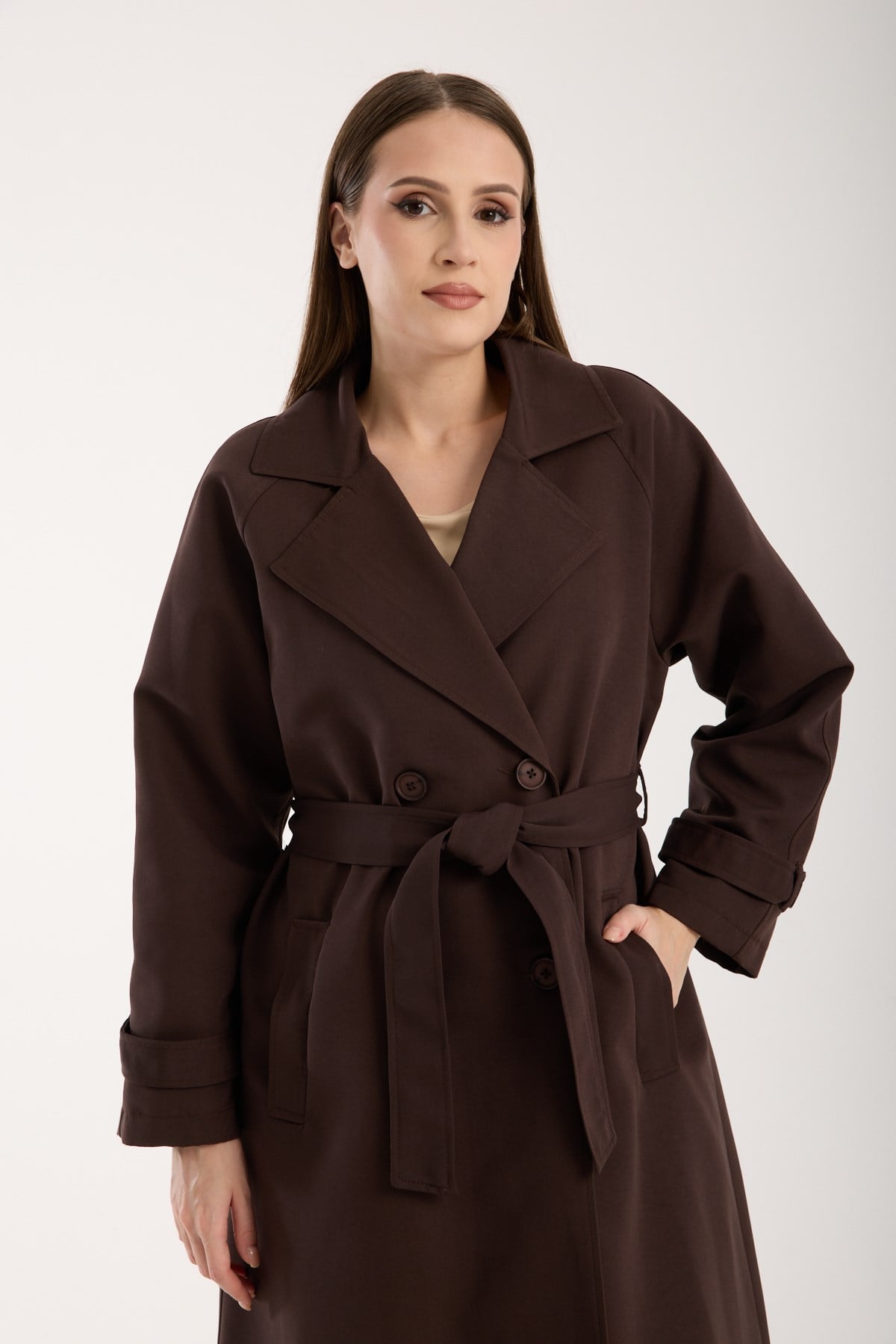 Acı Kahve Oversize Astarlı Trençkot