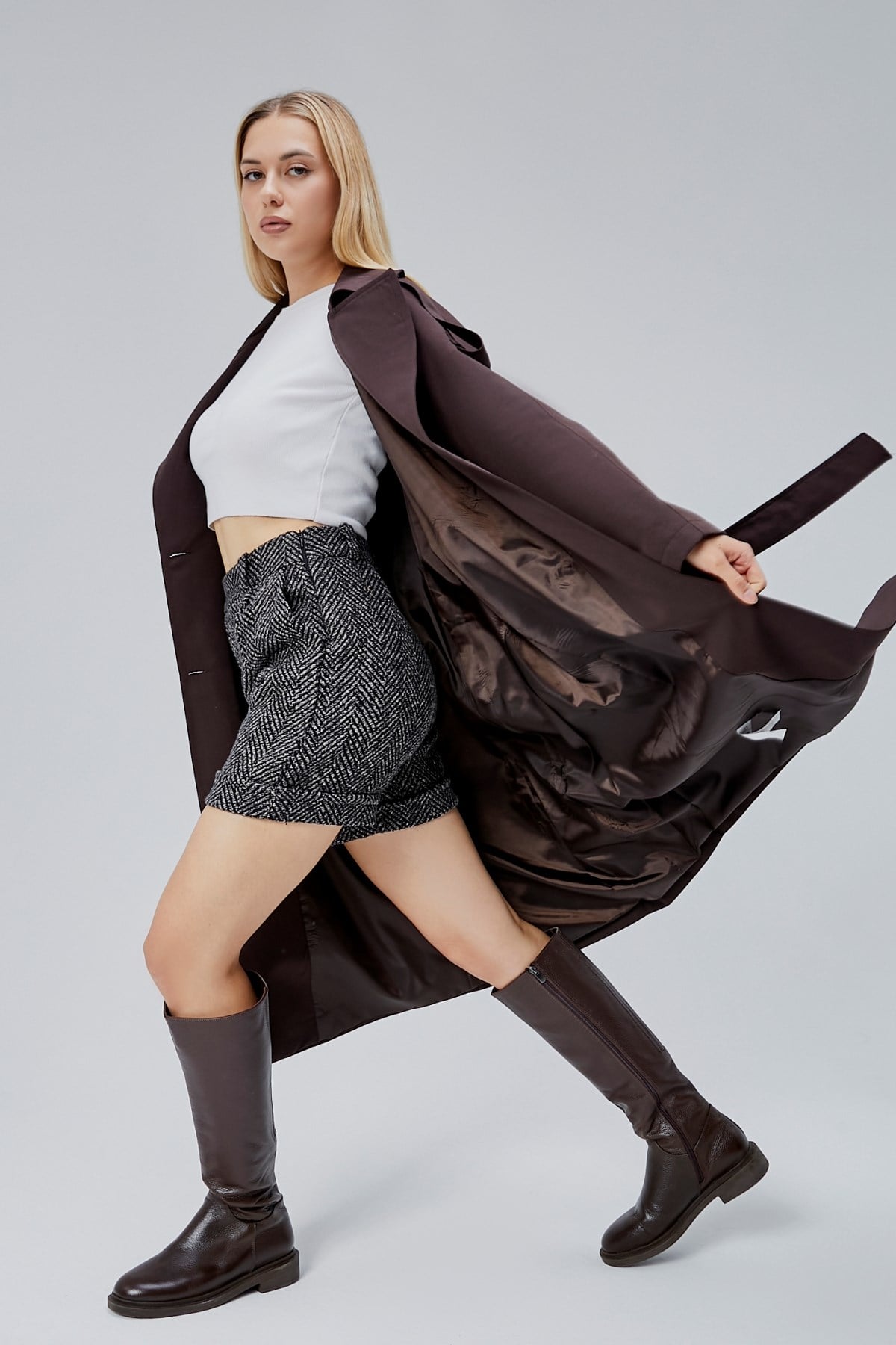 Acı Kahve Oversize Astarlı Uzun Trençkot
