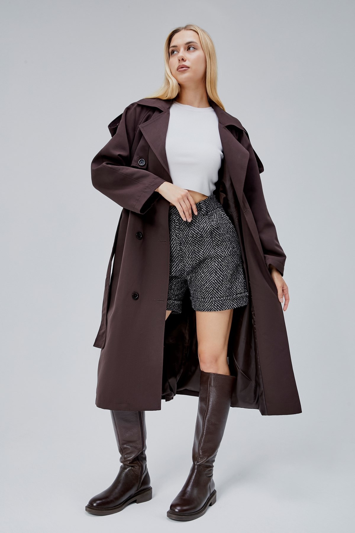 Acı Kahve Oversize Astarlı Uzun Trençkot