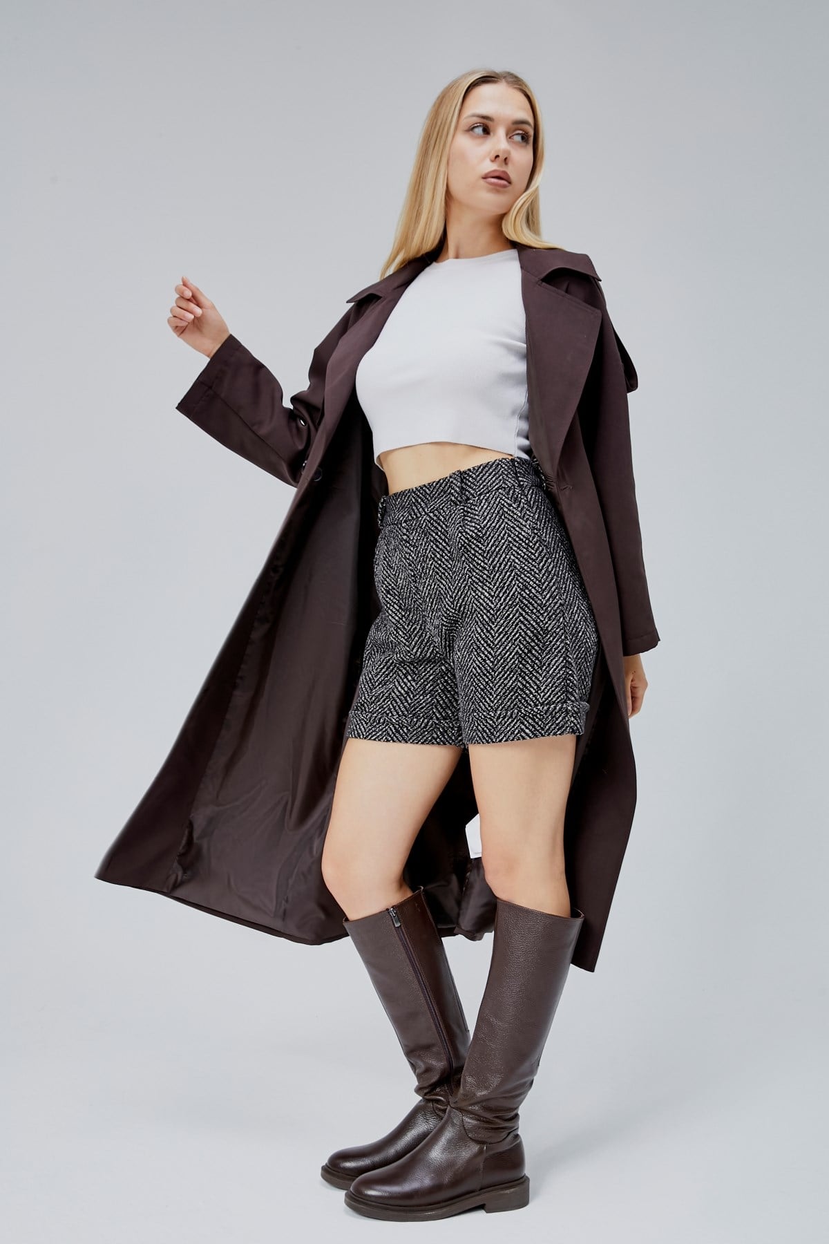 Acı Kahve Oversize Astarlı Uzun Trençkot
