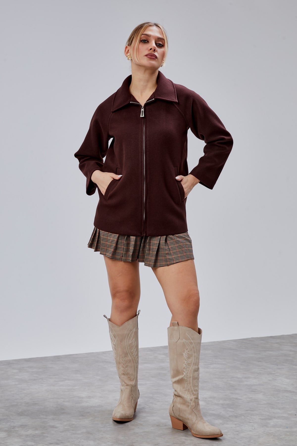 Acı Kahve Oversize Fermuarlı Kaşe Ceket