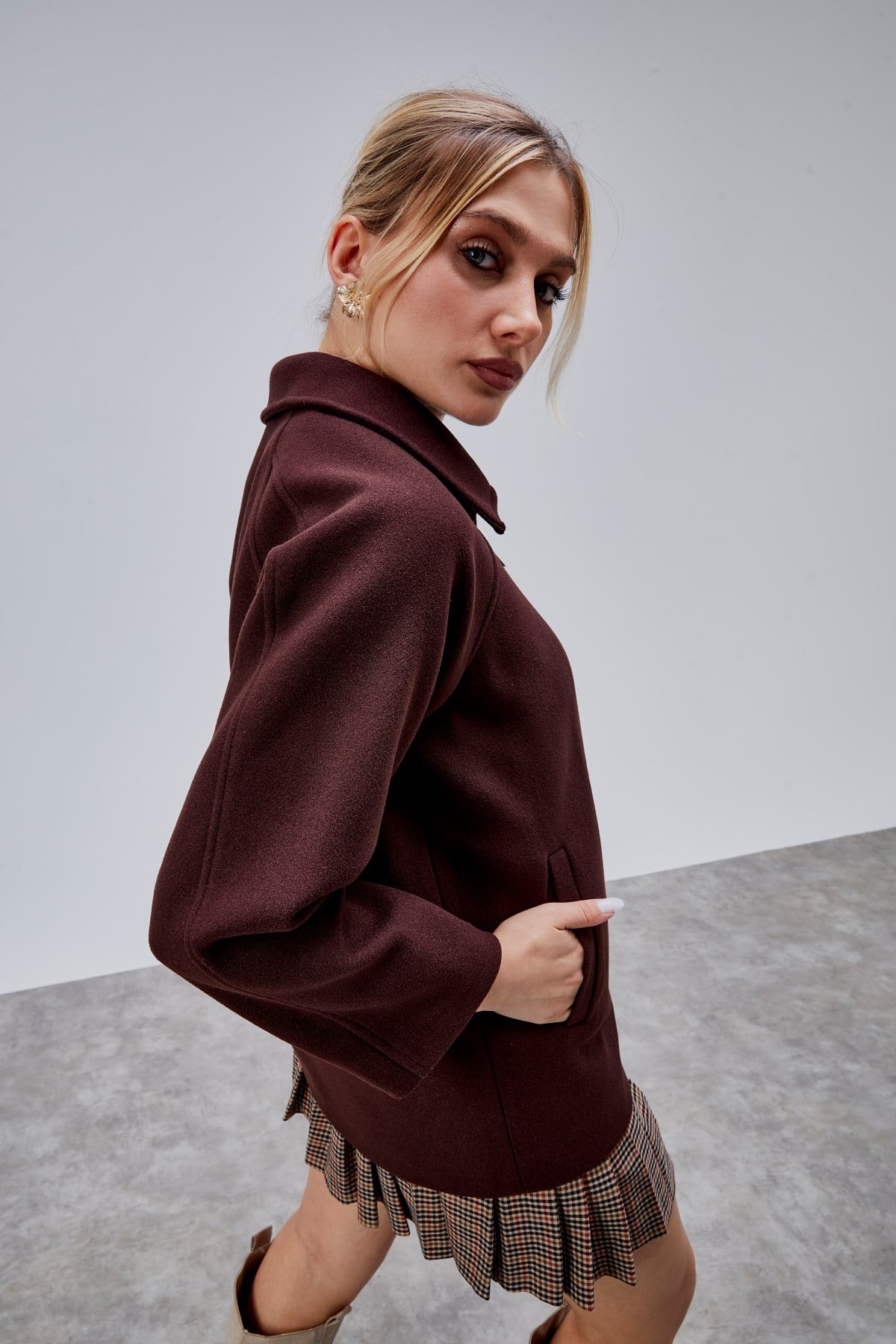 Acı Kahve Oversize Fermuarlı Kaşe Ceket