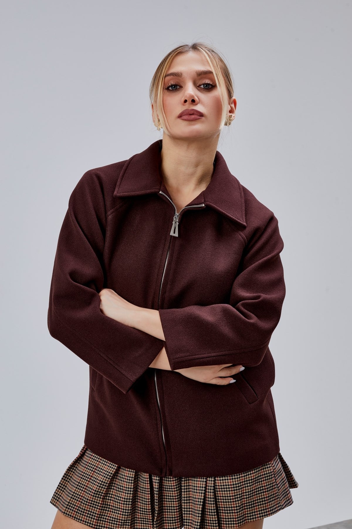Acı Kahve Oversize Fermuarlı Kaşe Ceket