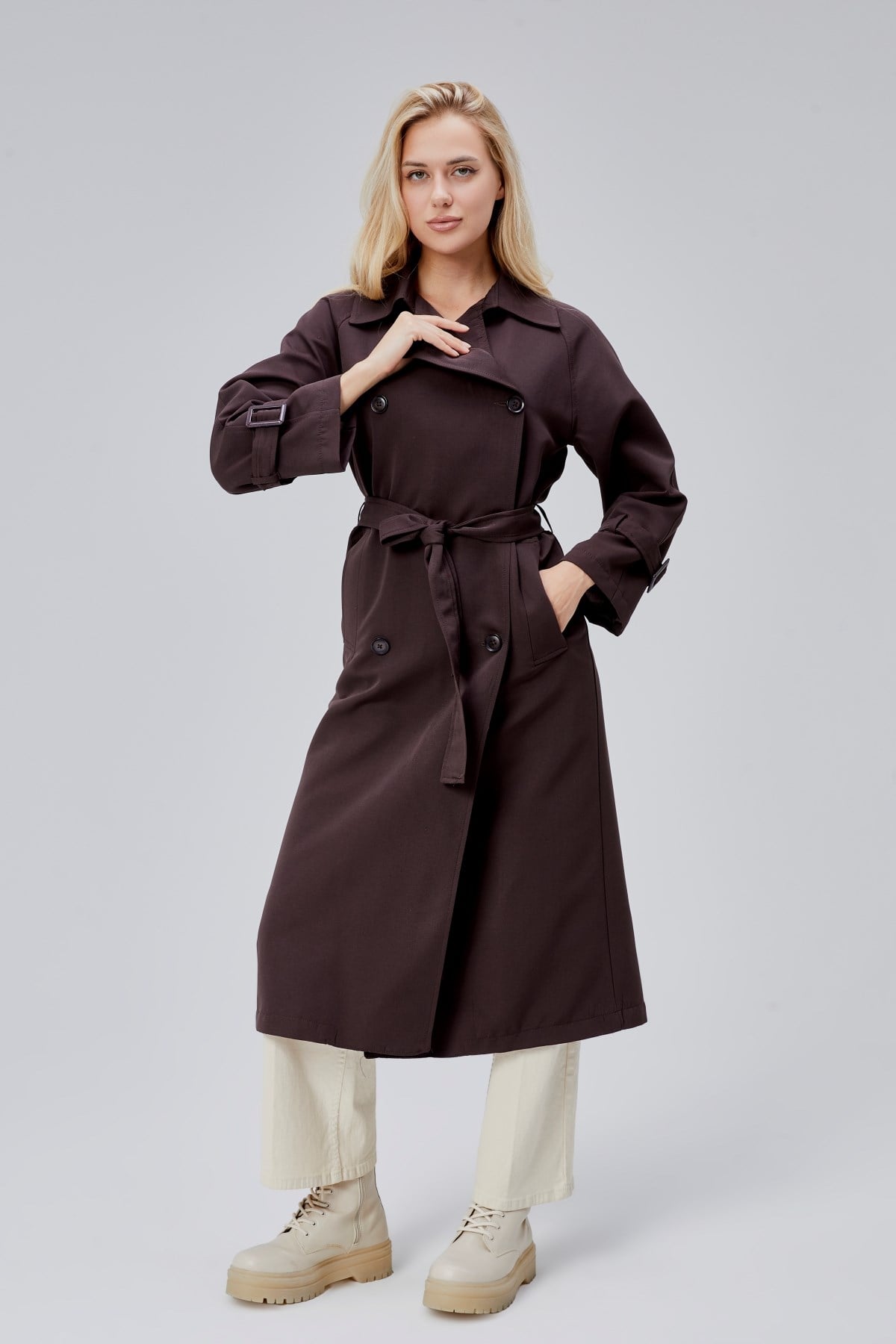 Acı Kahve Oversize Kuşaklı Trençkot