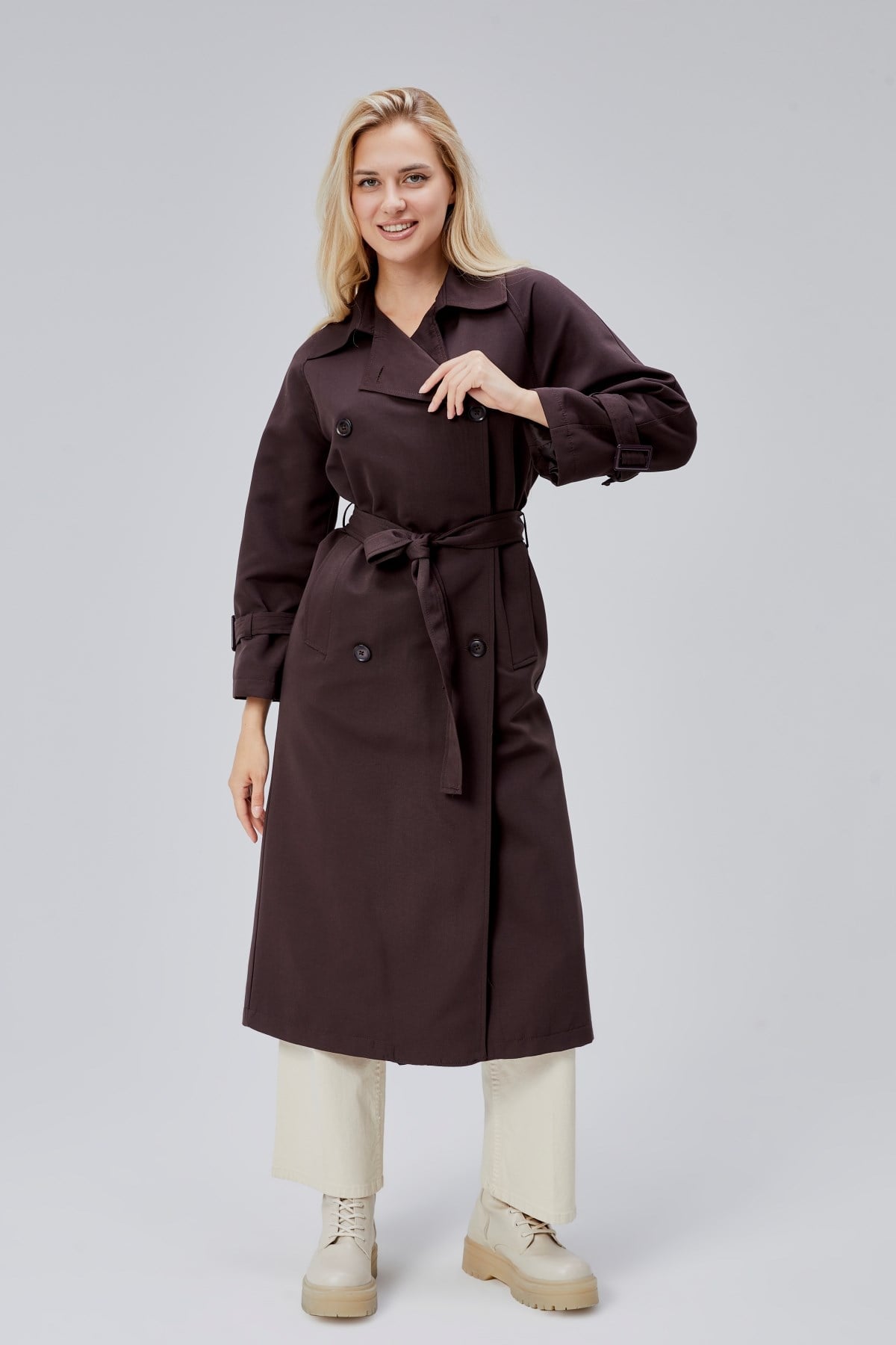 Acı Kahve Oversize Kuşaklı Trençkot