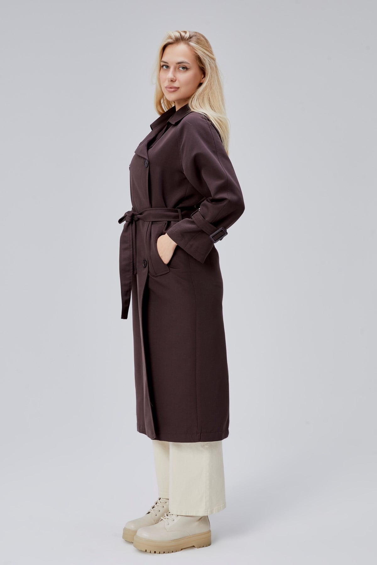 Acı Kahve Oversize Kuşaklı Trençkot