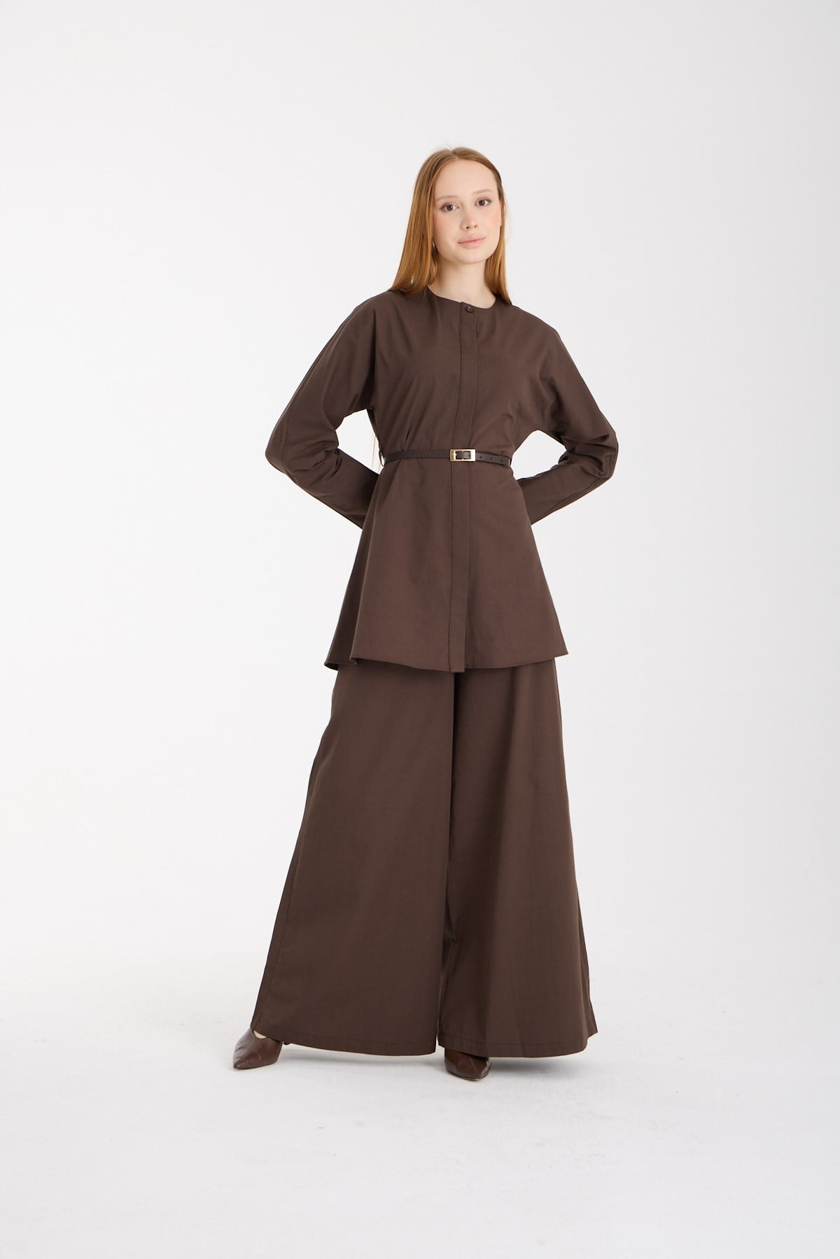 Acı Kahve Premium Kemerli Bluz ve Pantolon Takım