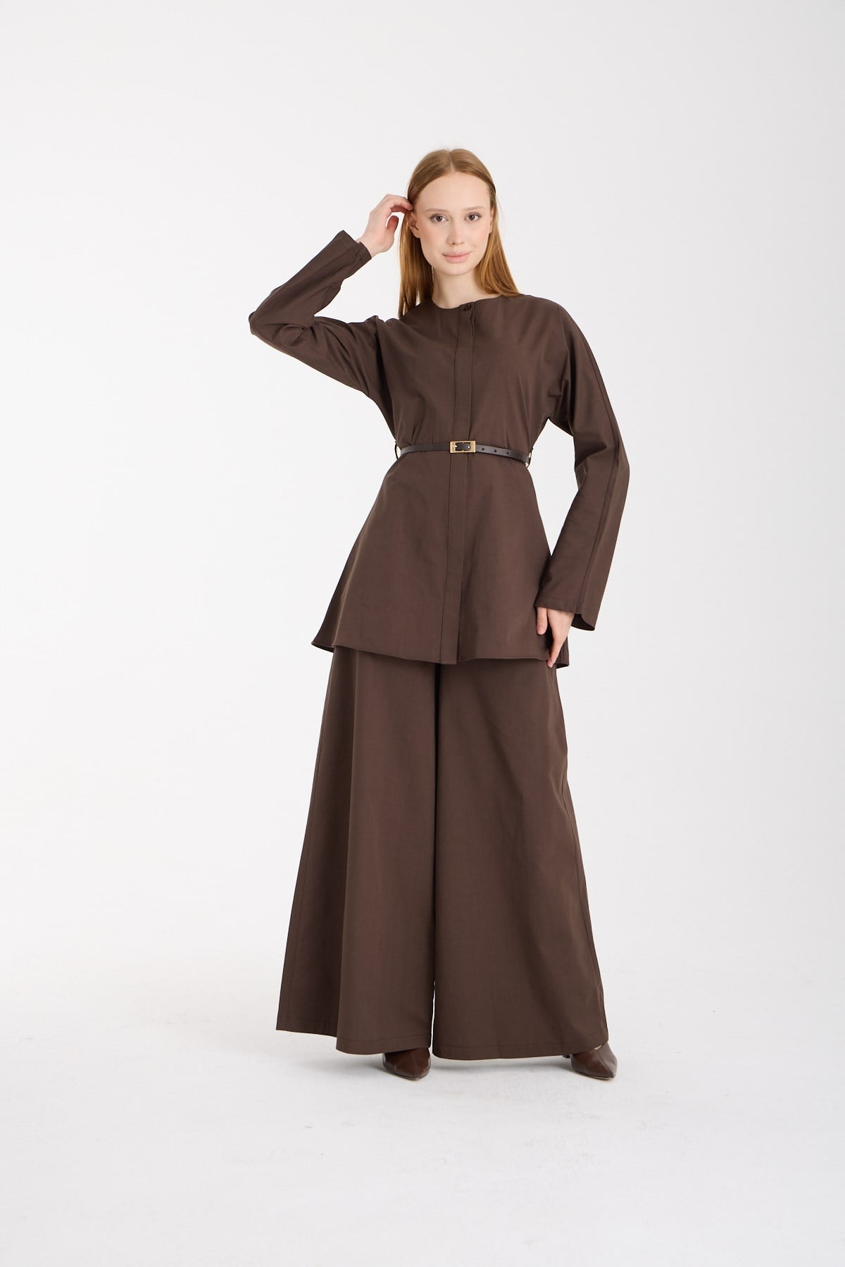 Acı Kahve Premium Kemerli Bluz ve Pantolon Takım