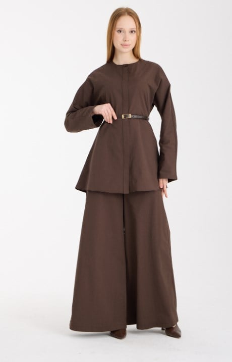 Acı Kahve Premium Kemerli Bluz ve Pantolon Takım