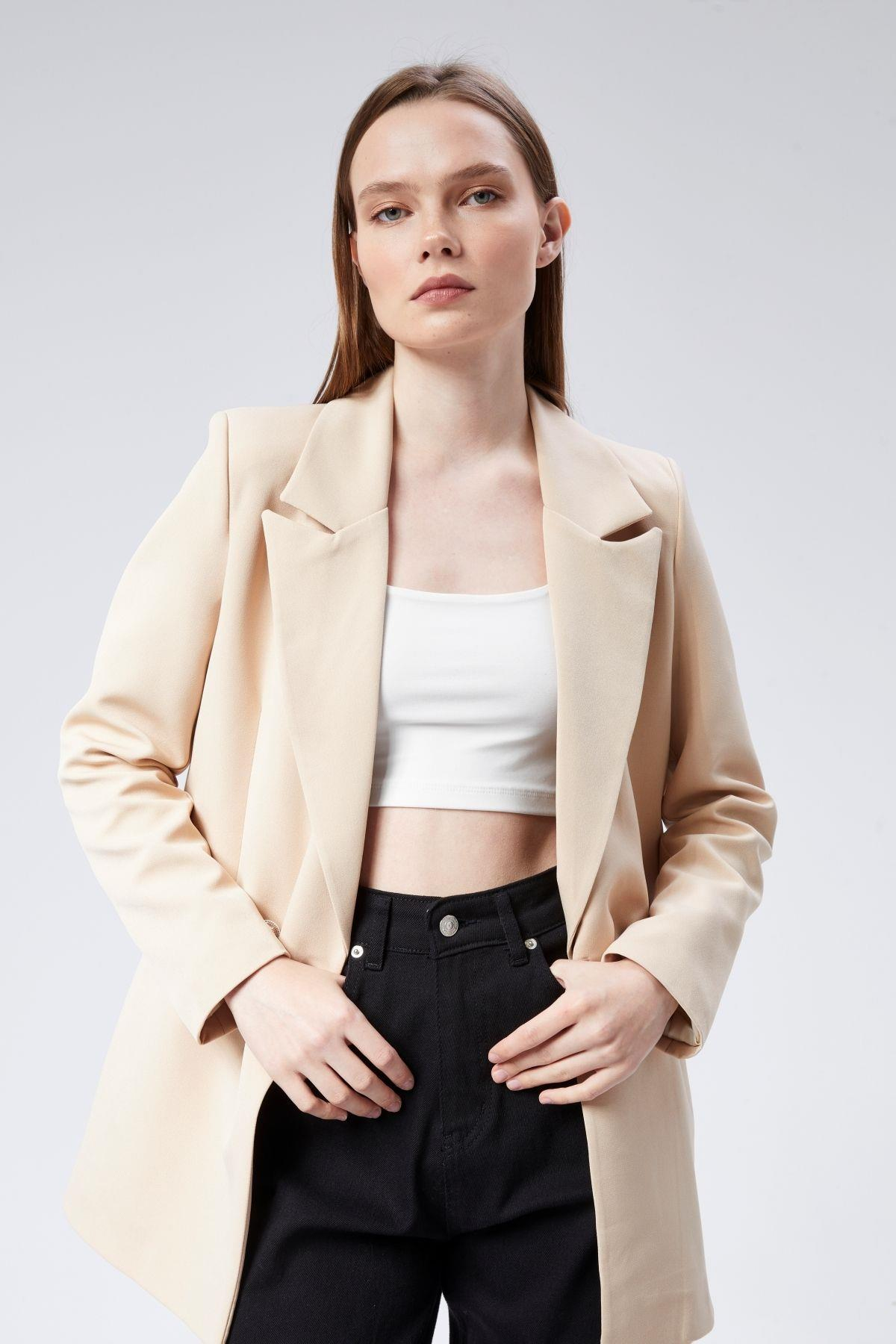 Açık Bej Oversize Dokuma Blazer Ceket
