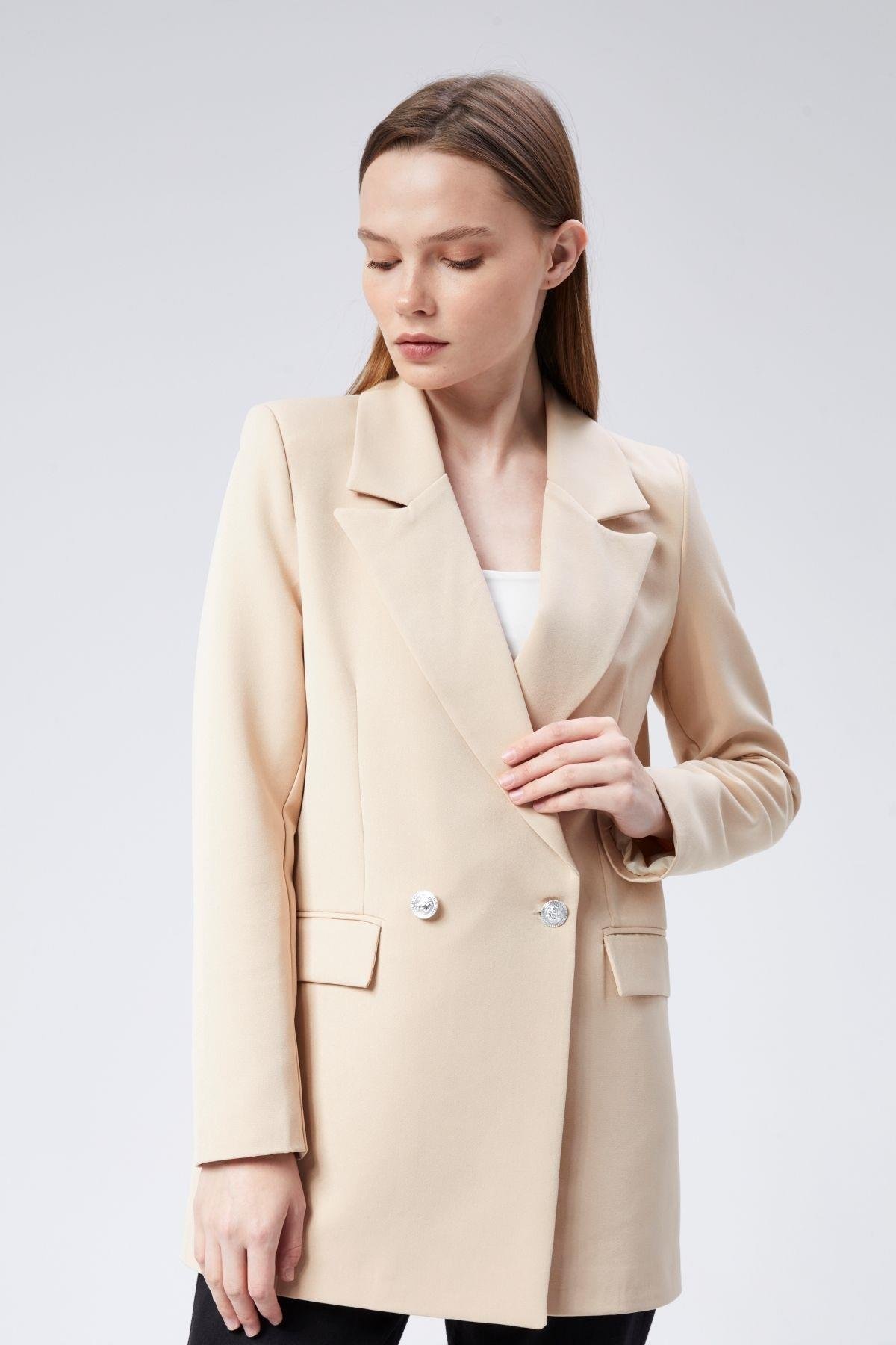 Açık Bej Oversize Dokuma Blazer Ceket