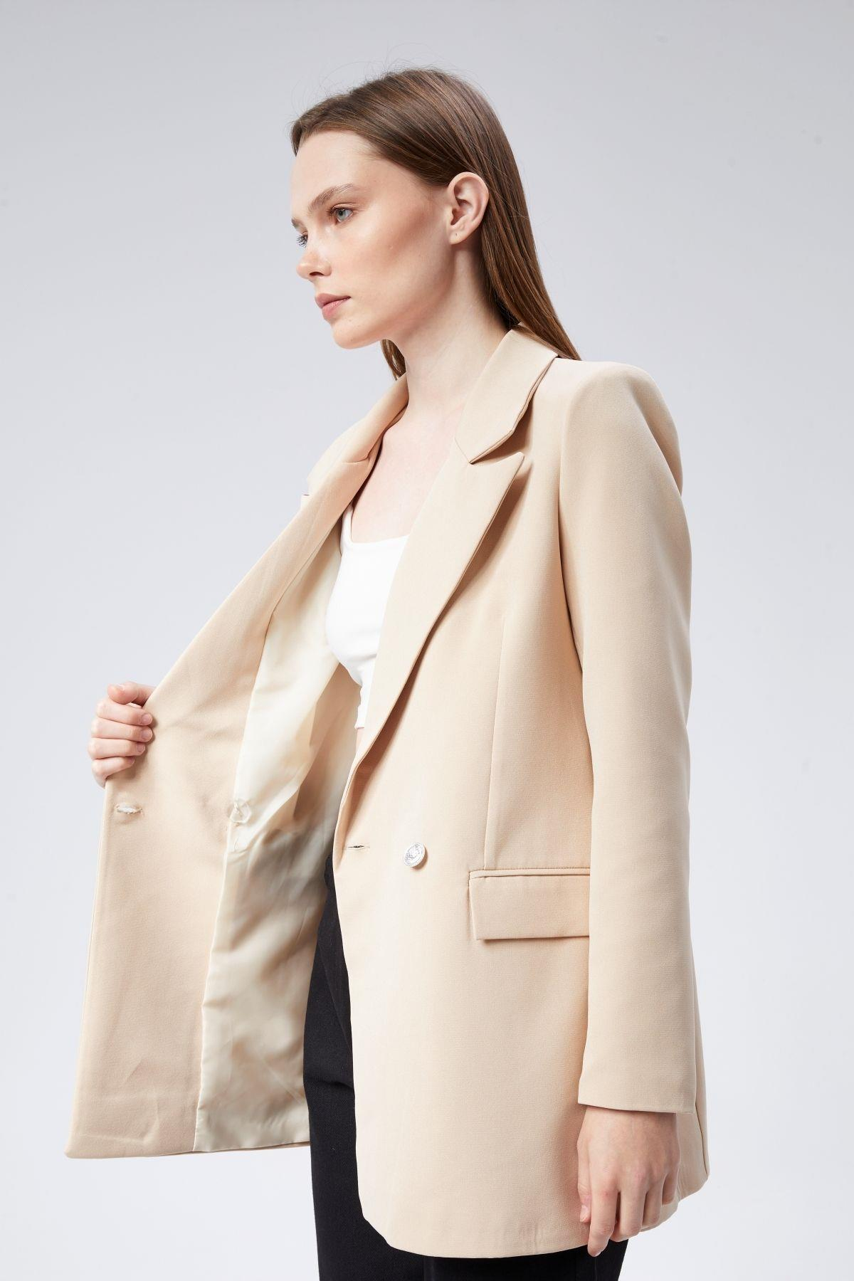 Açık Bej Oversize Dokuma Blazer Ceket