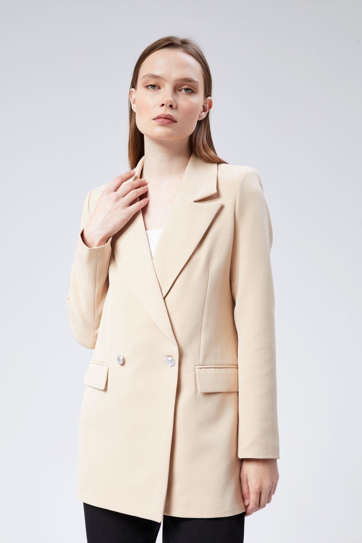 Açık Bej Oversize Dokuma Blazer Ceket