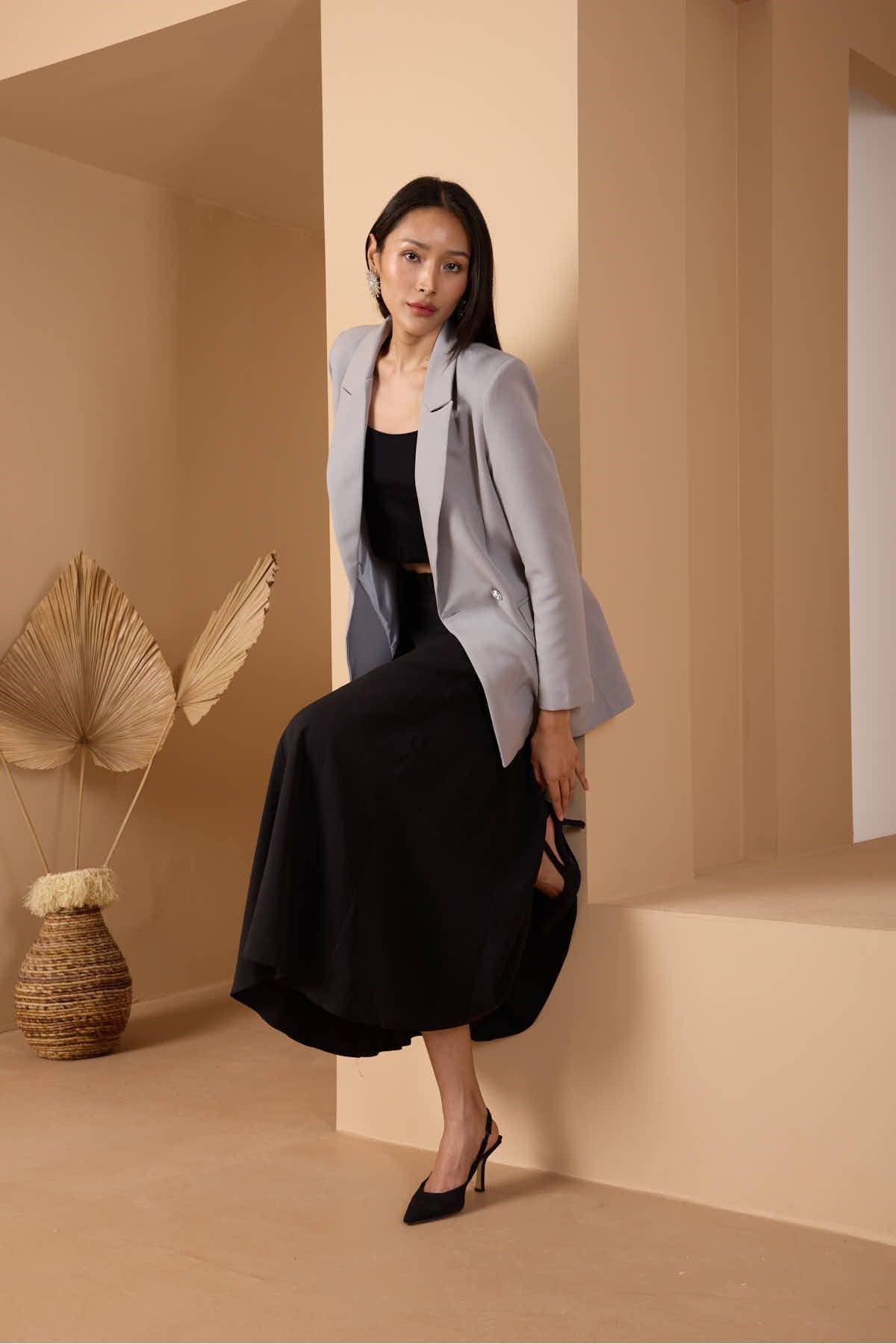 Açık Gri Oversize Dokuma Blazer Ceket