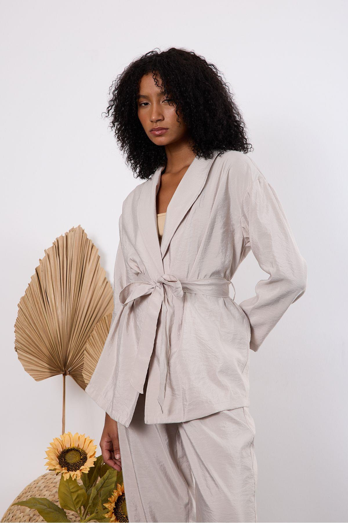 Açık Gri Oversize Kimono Takım