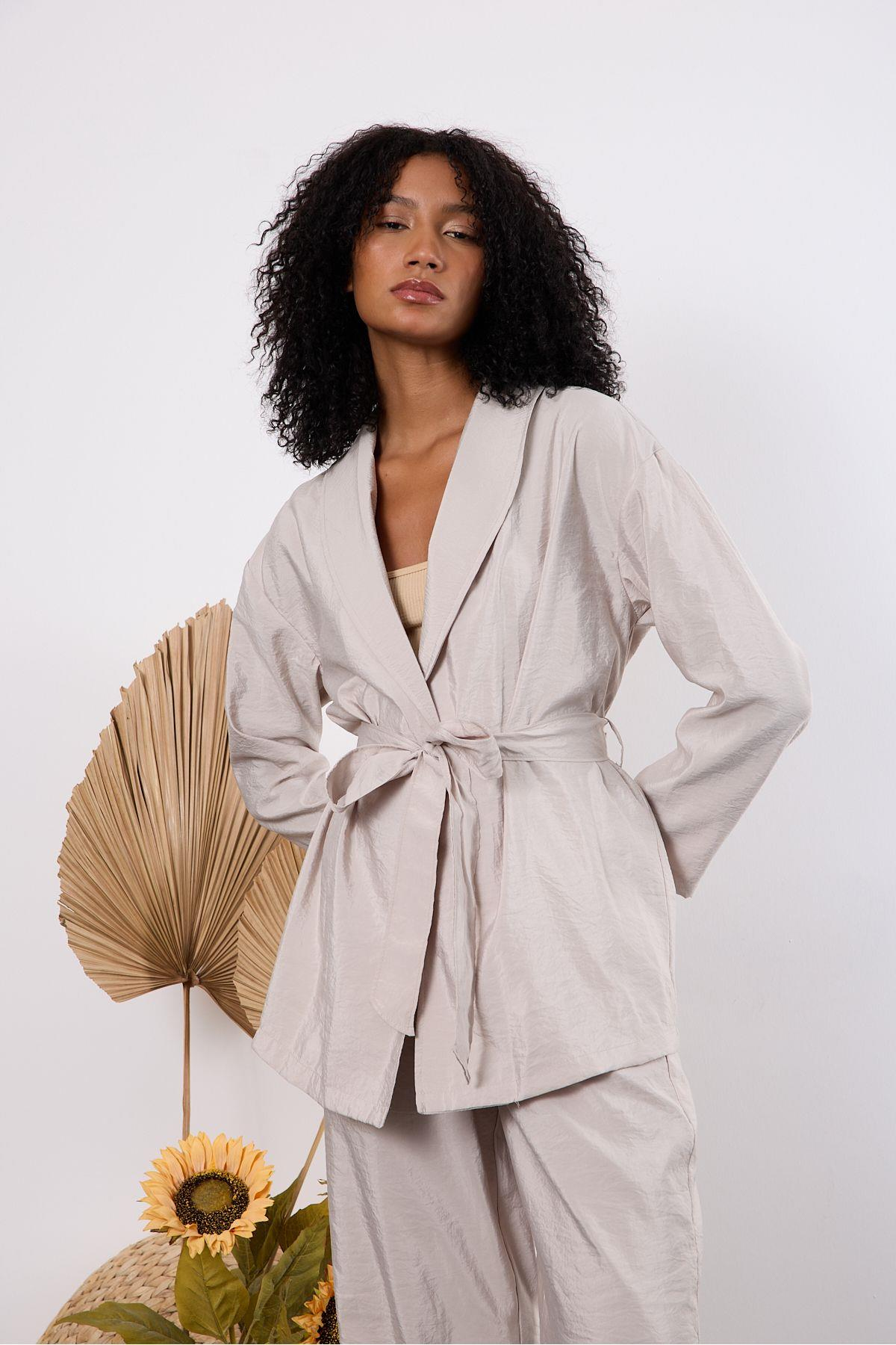 Açık Gri Oversize Kimono Takım