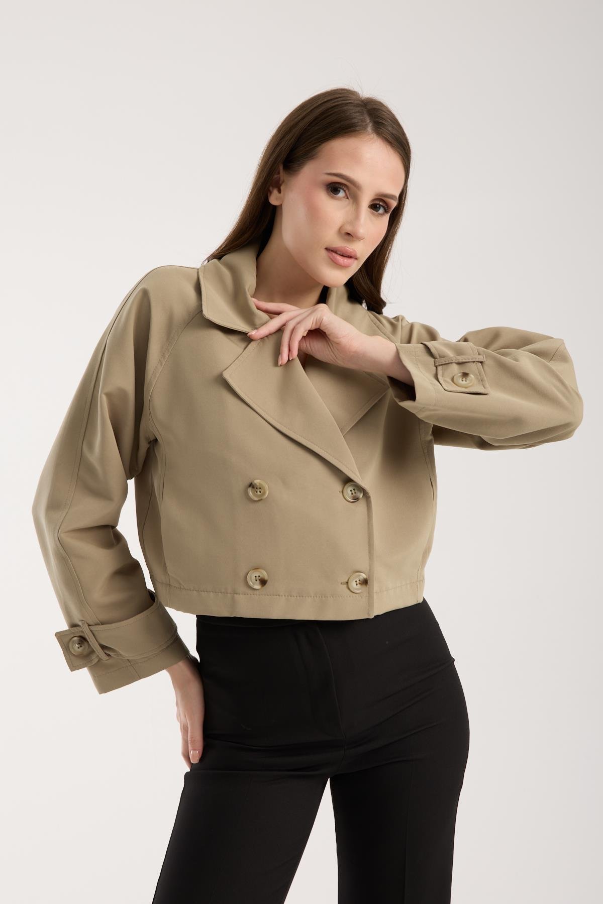 Açık Haki Kruvaze Crop Trençkot