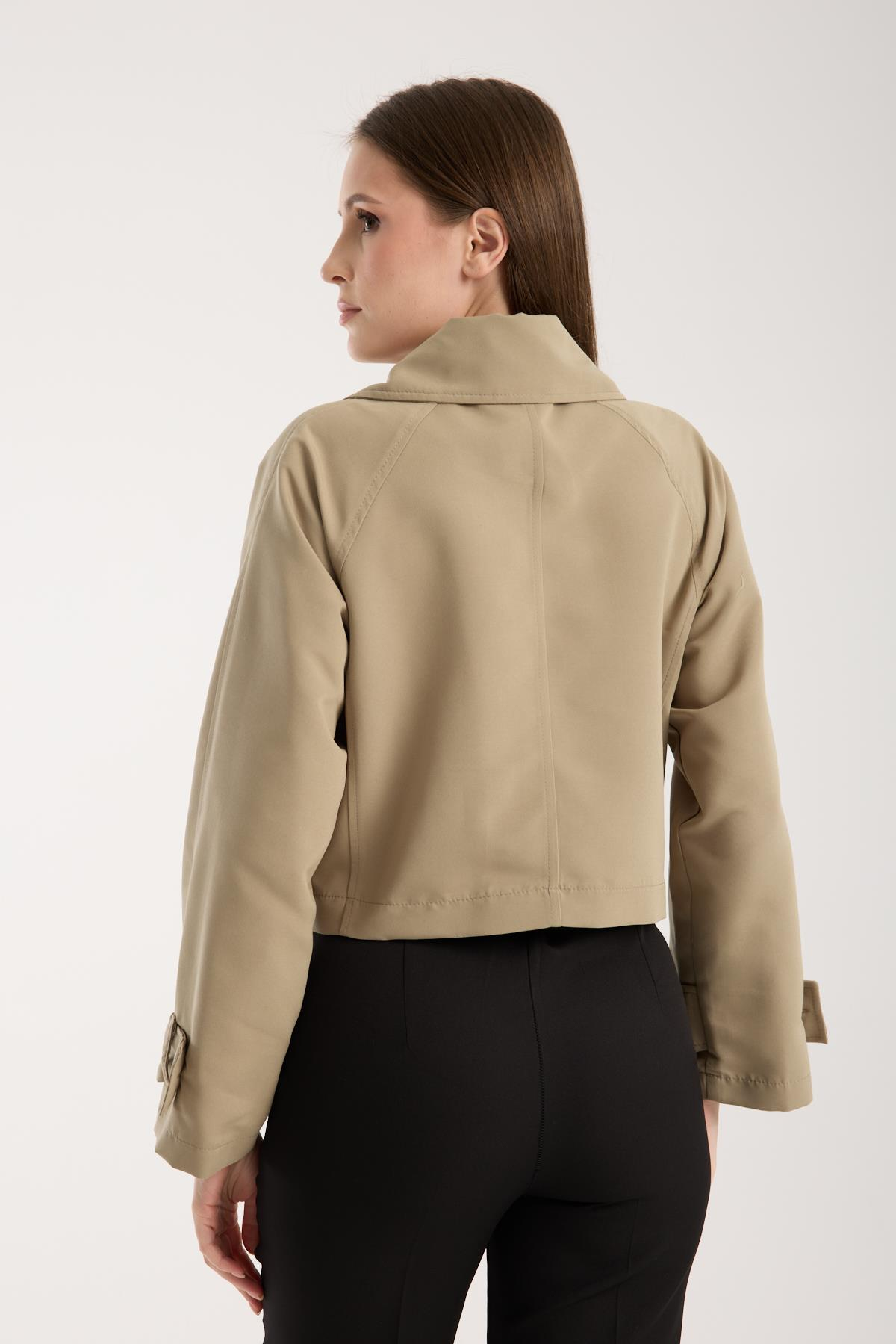 Açık Haki Kruvaze Crop Trençkot