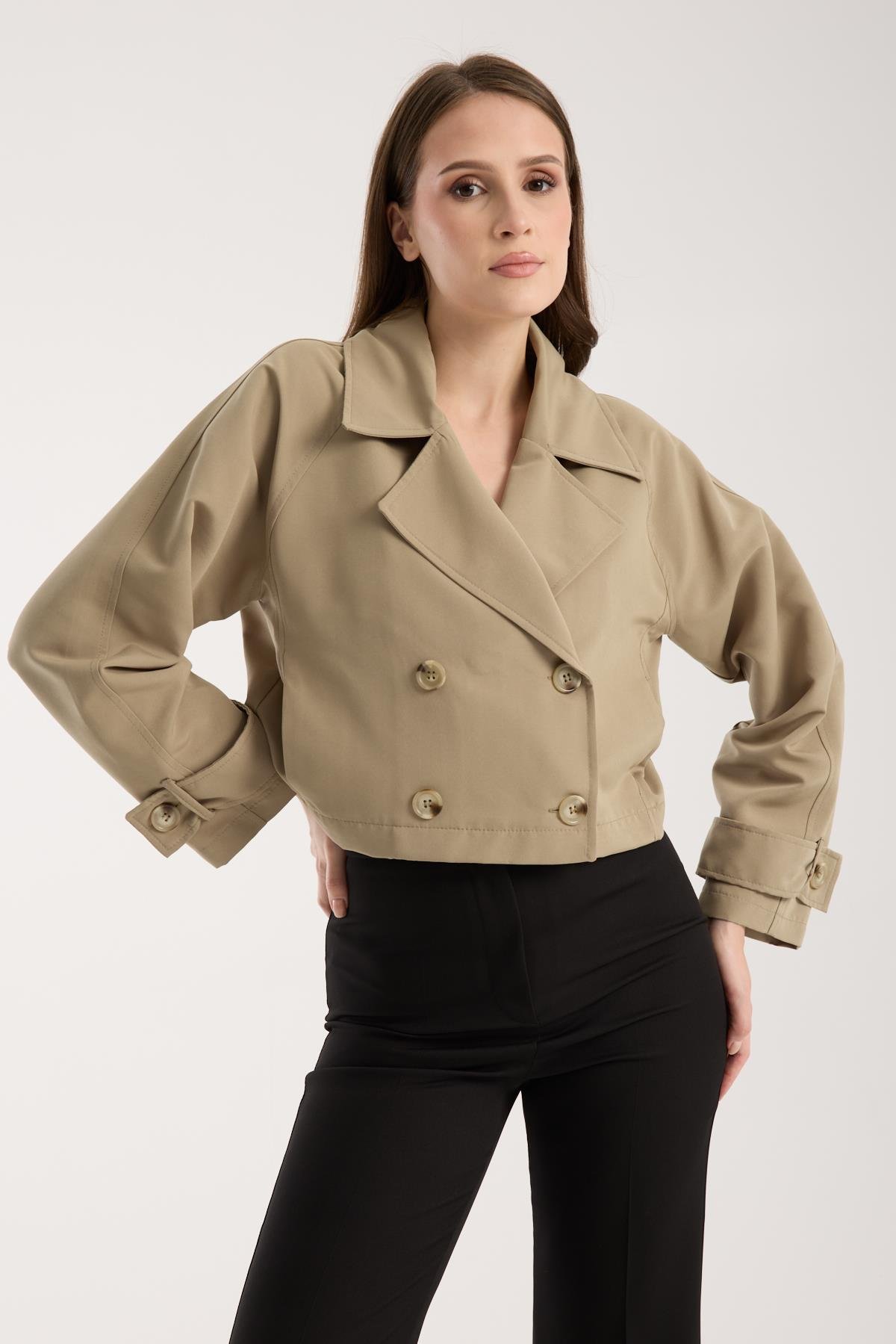 Açık Haki Kruvaze Crop Trençkot