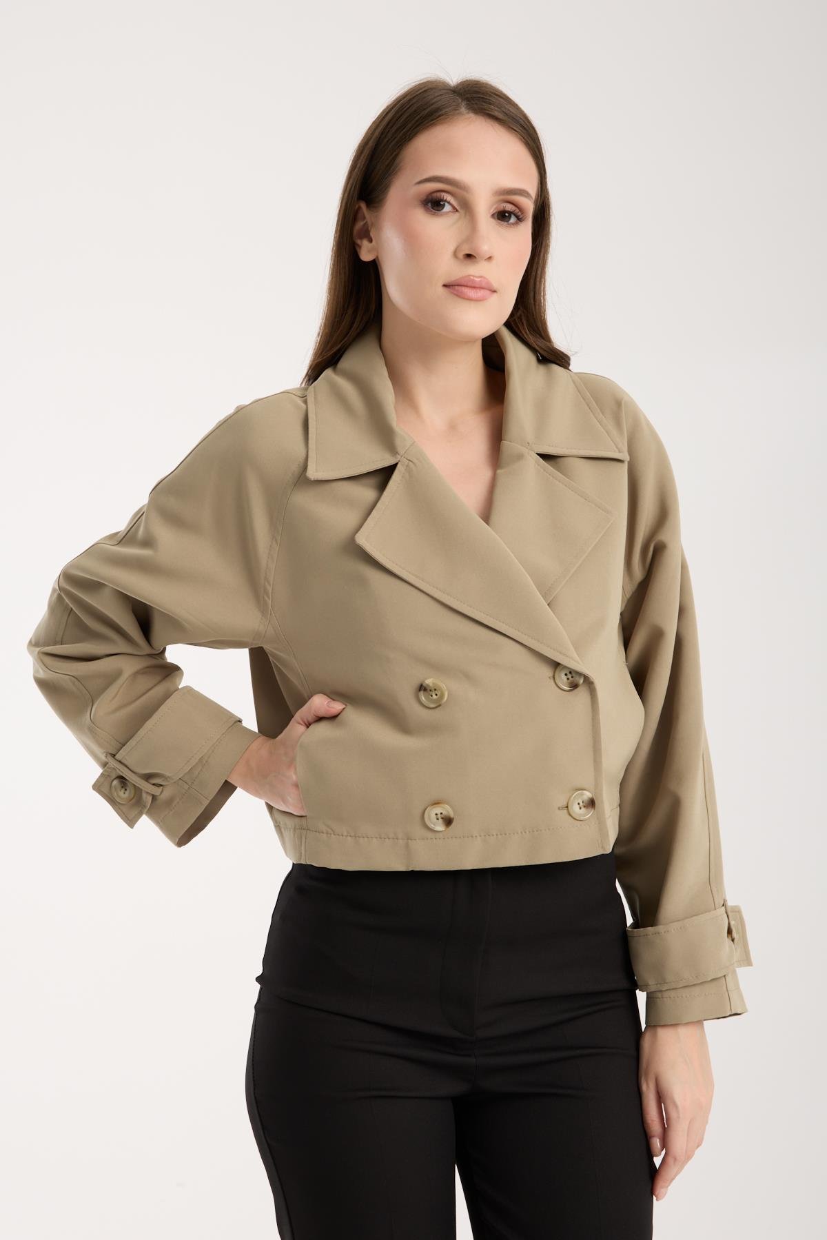 Açık Haki Kruvaze Crop Trençkot