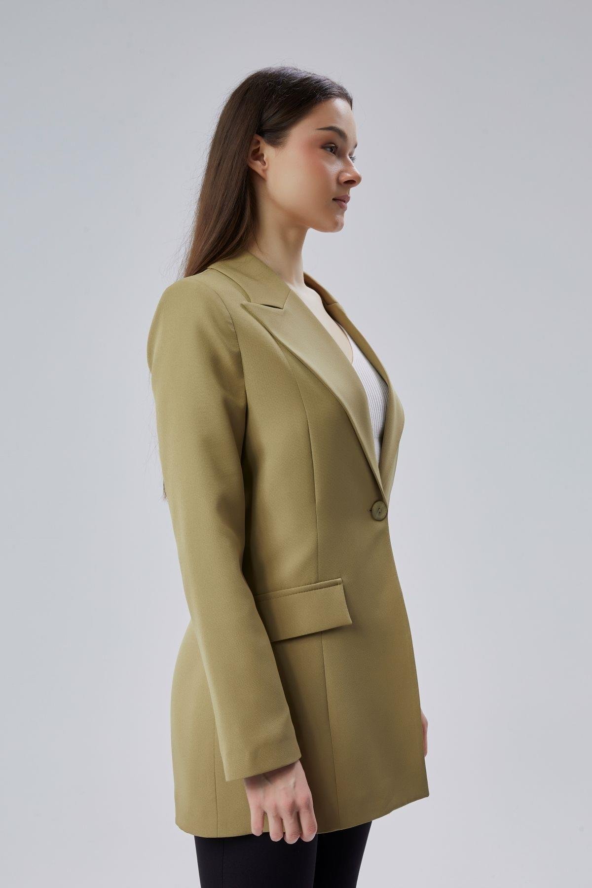 Açık Haki Kruvaze Uzun Blazer Ceket