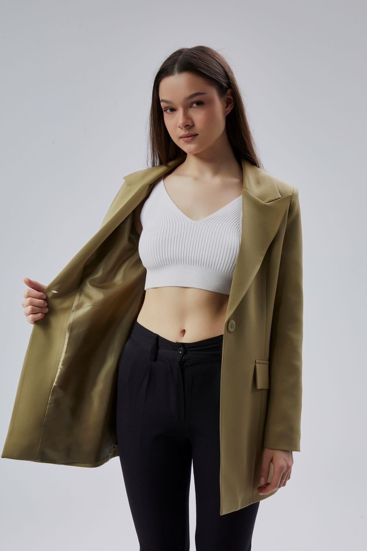 Açık Haki Kruvaze Uzun Blazer Ceket