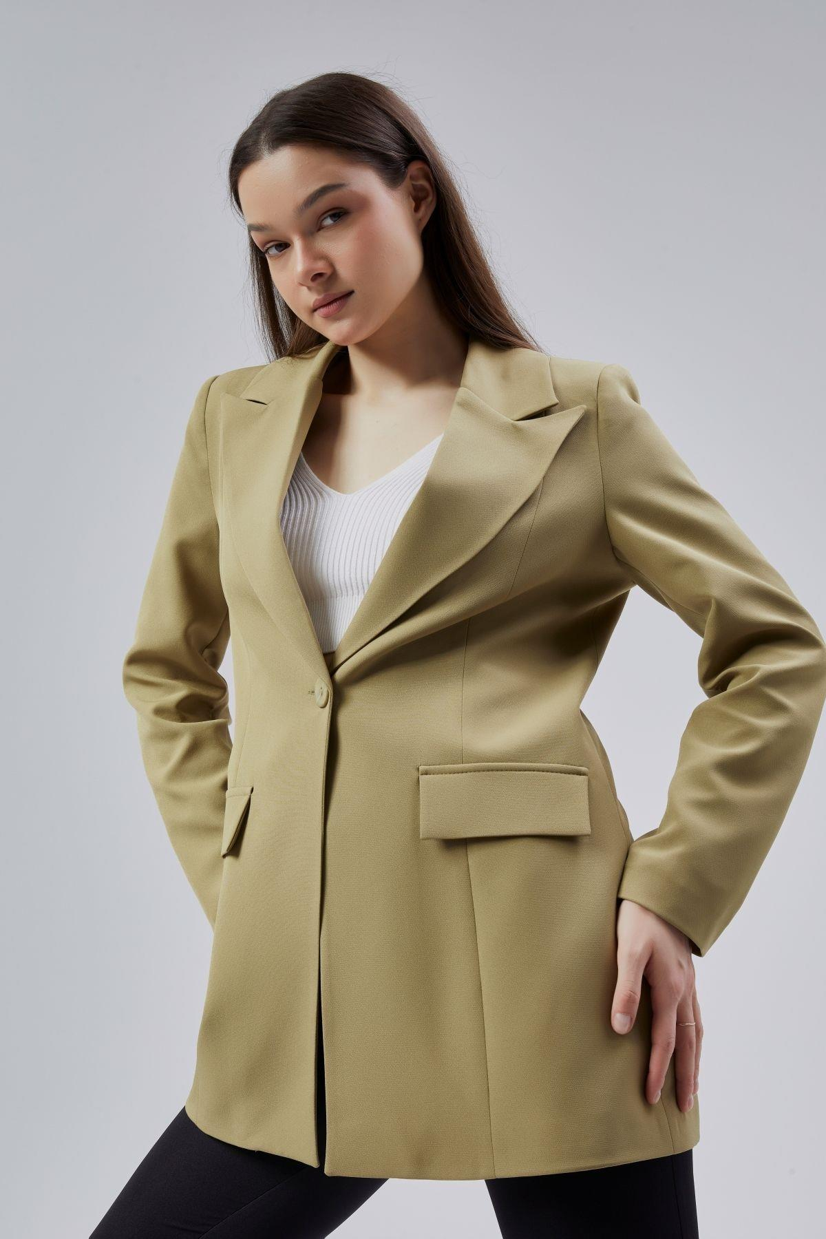 Açık Haki Kruvaze Uzun Blazer Ceket