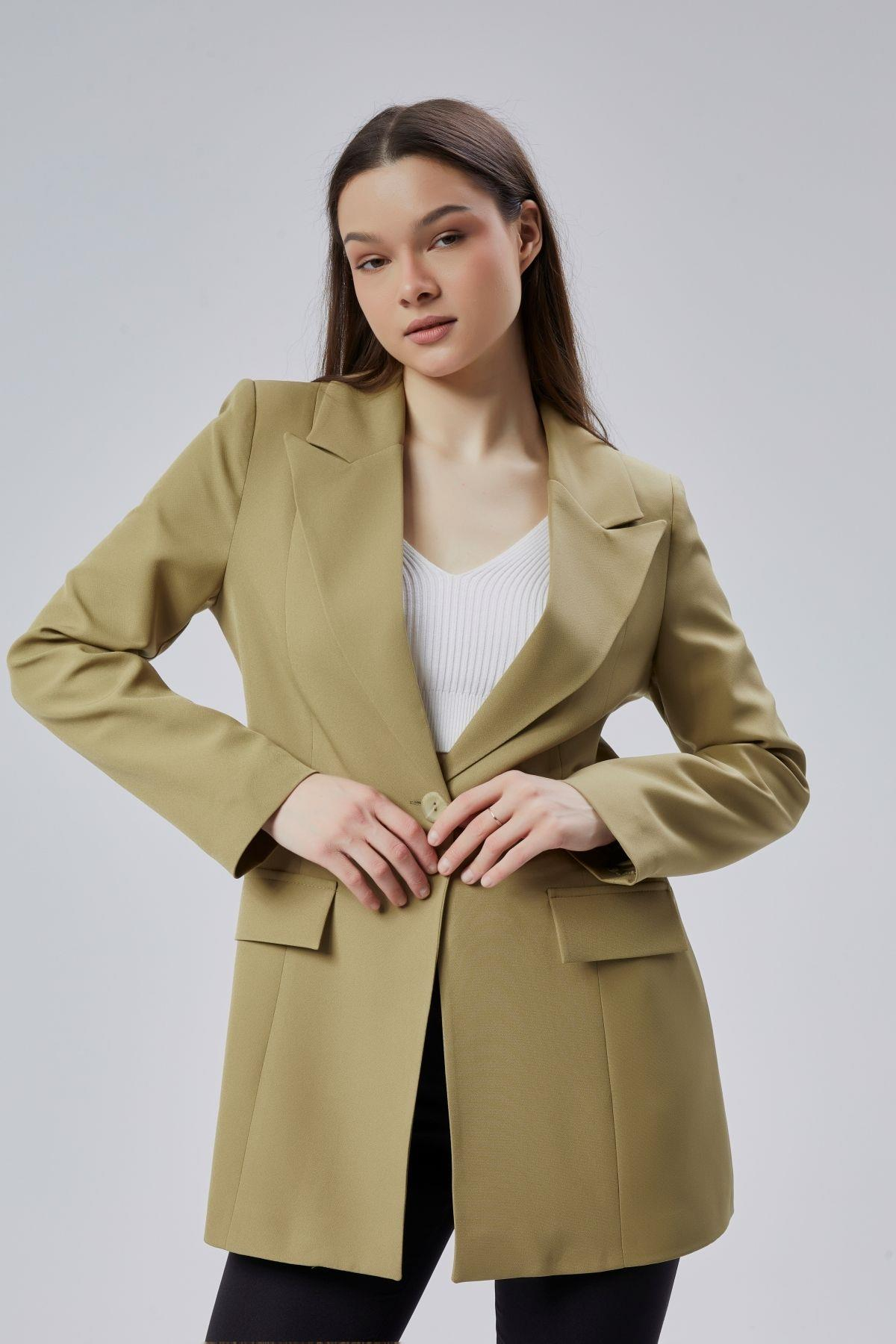 Açık Haki Kruvaze Uzun Blazer Ceket