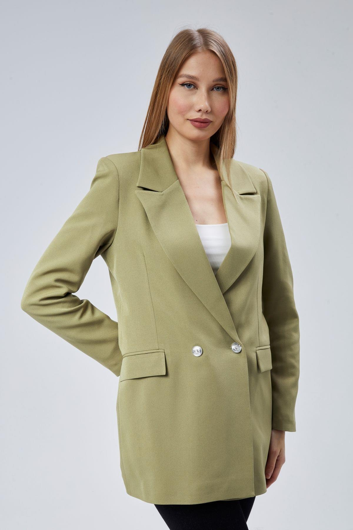 Açık Haki Oversize Dokuma Blazer Ceket