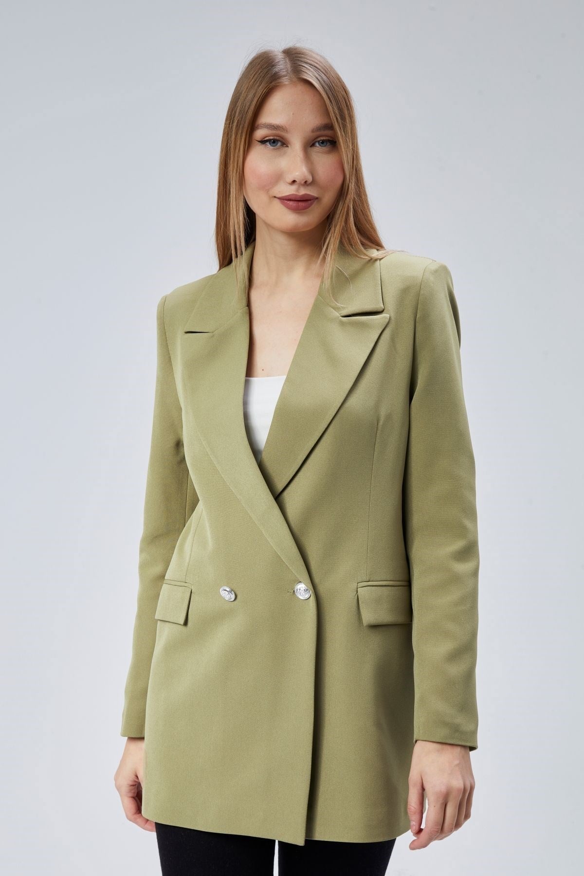 Açık Haki Oversize Dokuma Blazer Ceket
