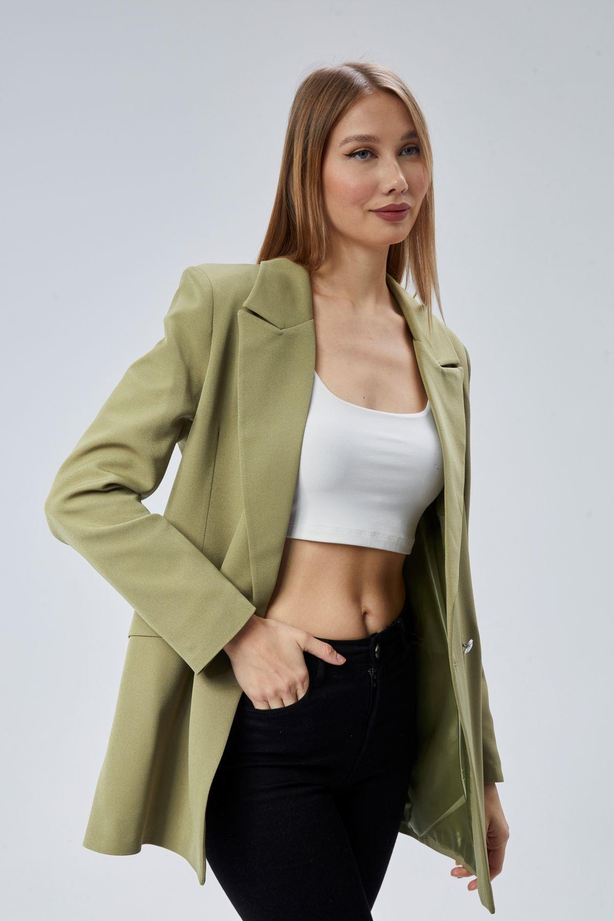 Açık Haki Oversize Dokuma Blazer Ceket