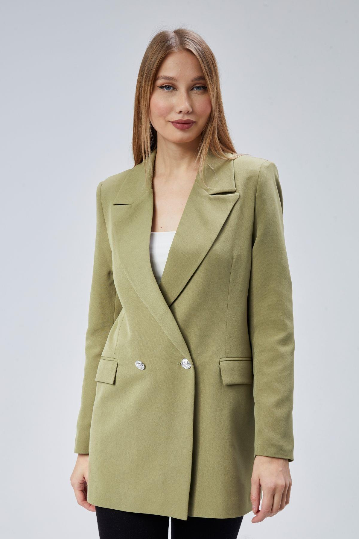 Açık Haki Oversize Dokuma Blazer Ceket