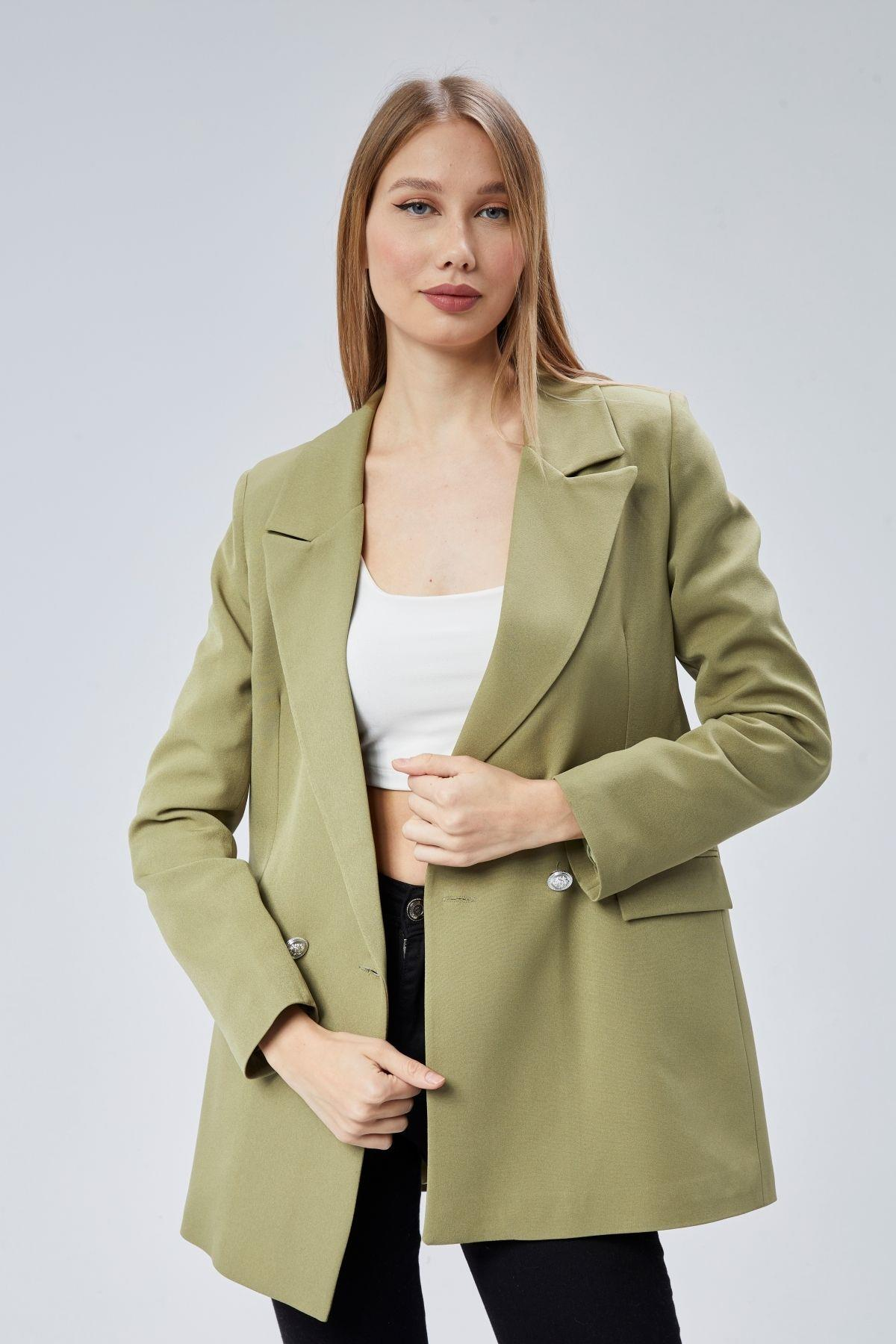 Açık Haki Oversize Dokuma Blazer Ceket