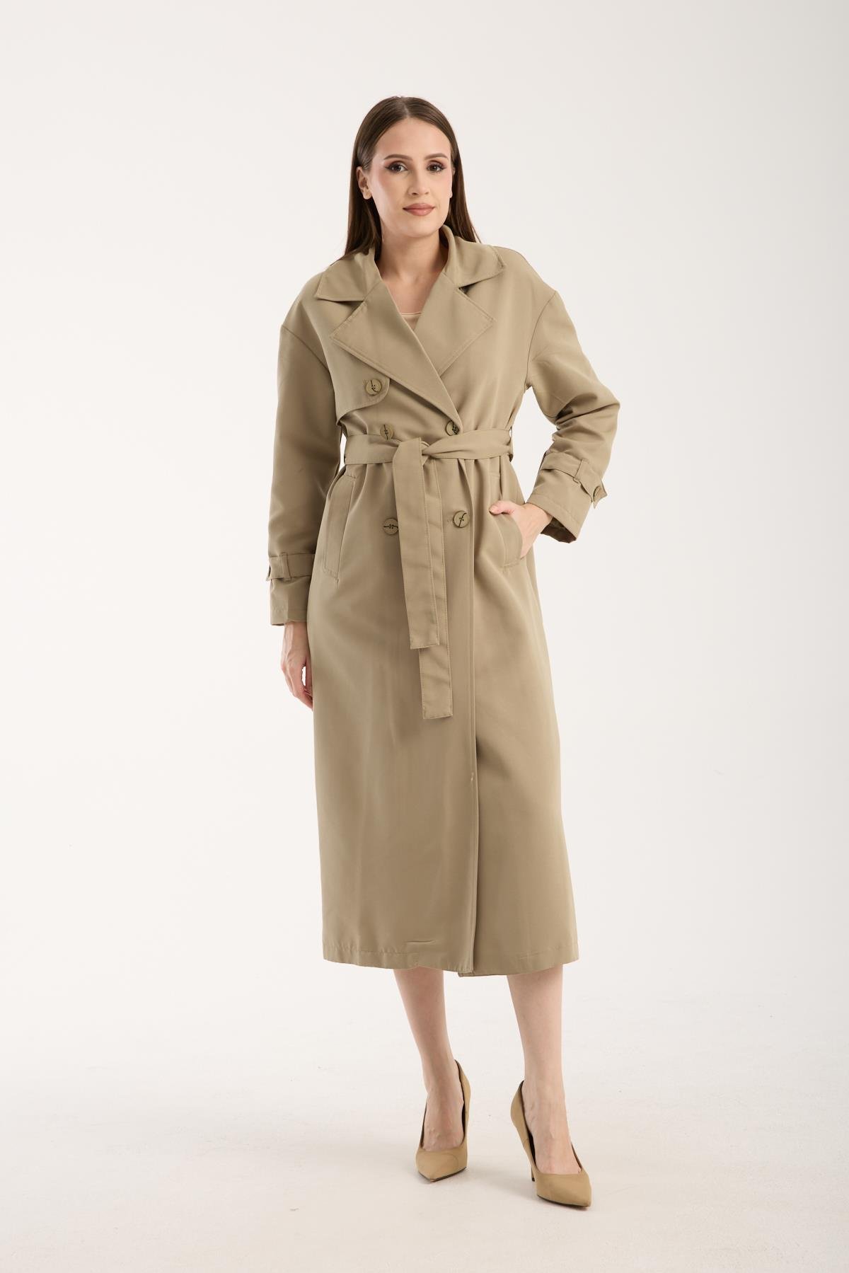 Açık Haki Oversize Rüzgarlık Detaylı Trençkot