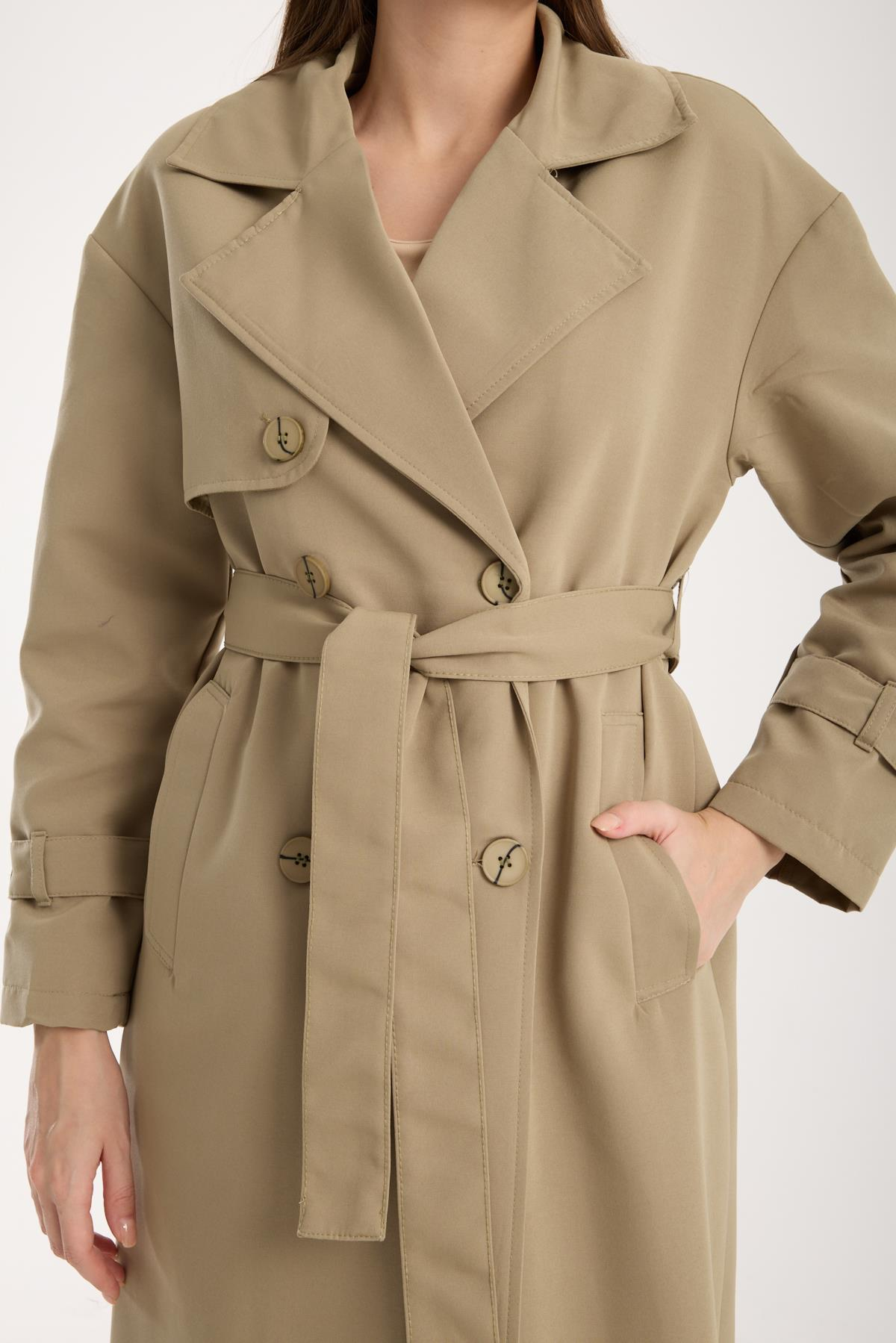 Açık Haki Oversize Rüzgarlık Detaylı Trençkot