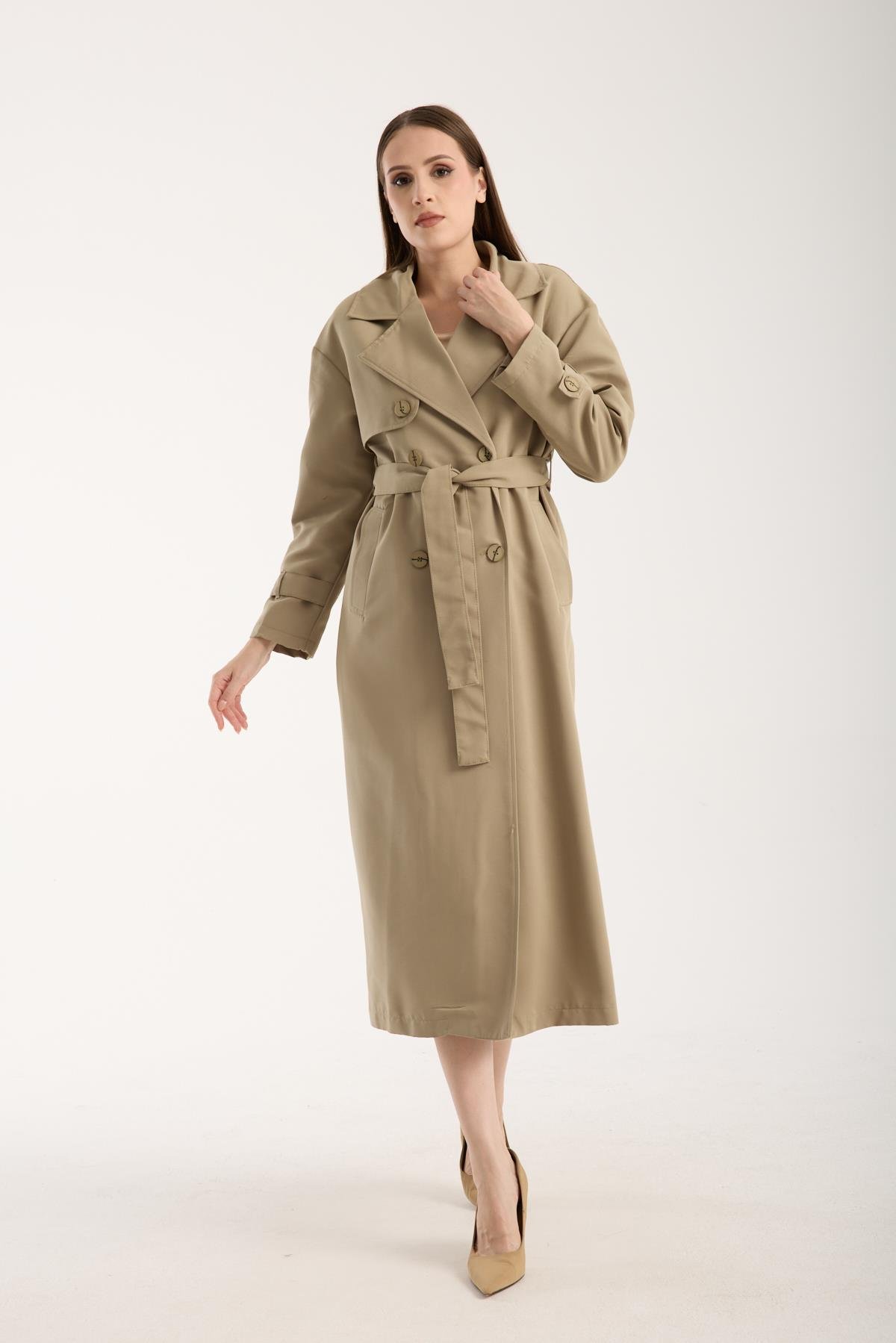 Açık Haki Oversize Rüzgarlık Detaylı Trençkot