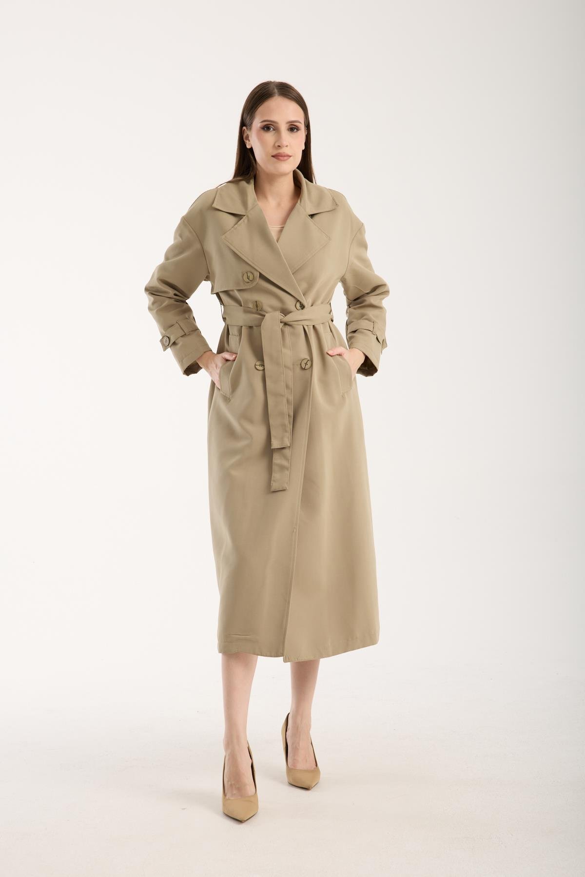 Açık Haki Oversize Rüzgarlık Detaylı Trençkot