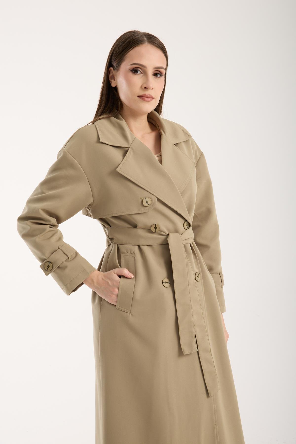Açık Haki Oversize Rüzgarlık Detaylı Trençkot