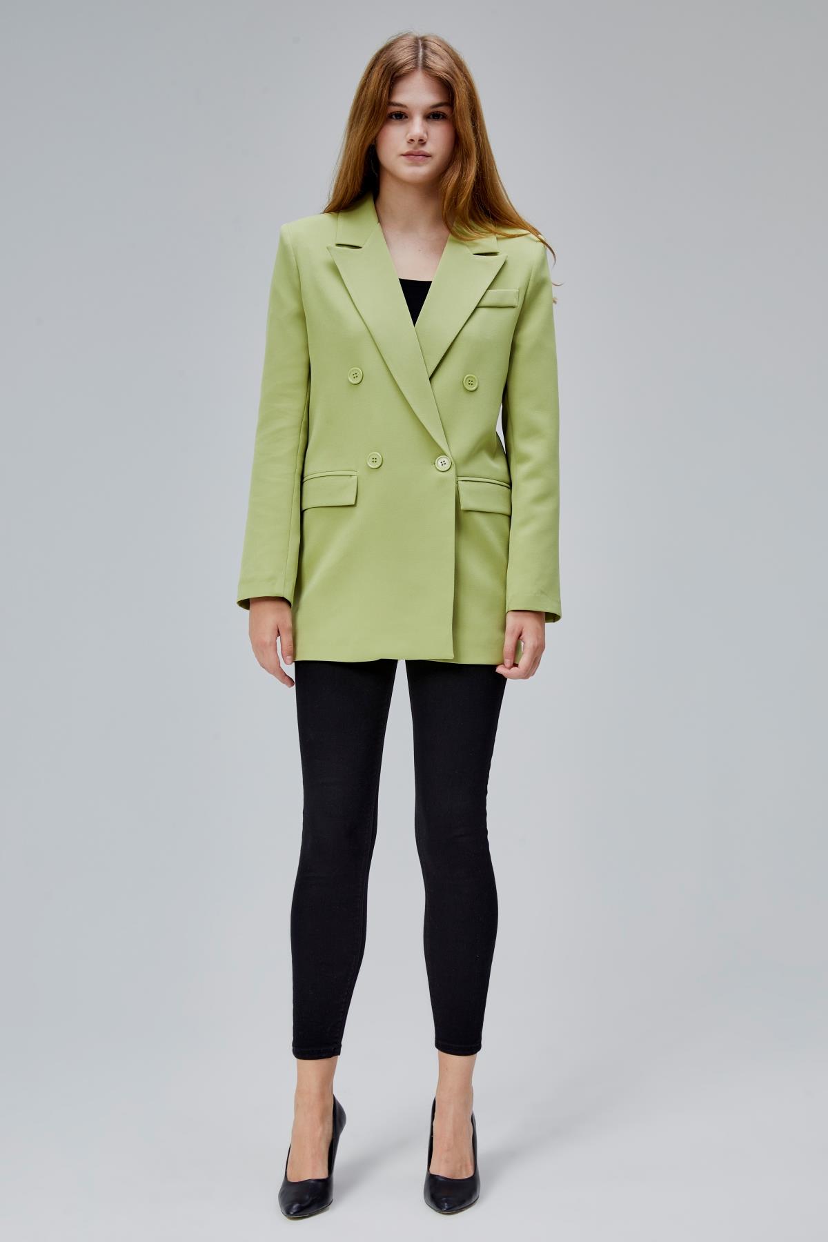 Açık Haki Regular Astarlı Kruvaze Kapama Dokuma Oversize Blazer Ceket