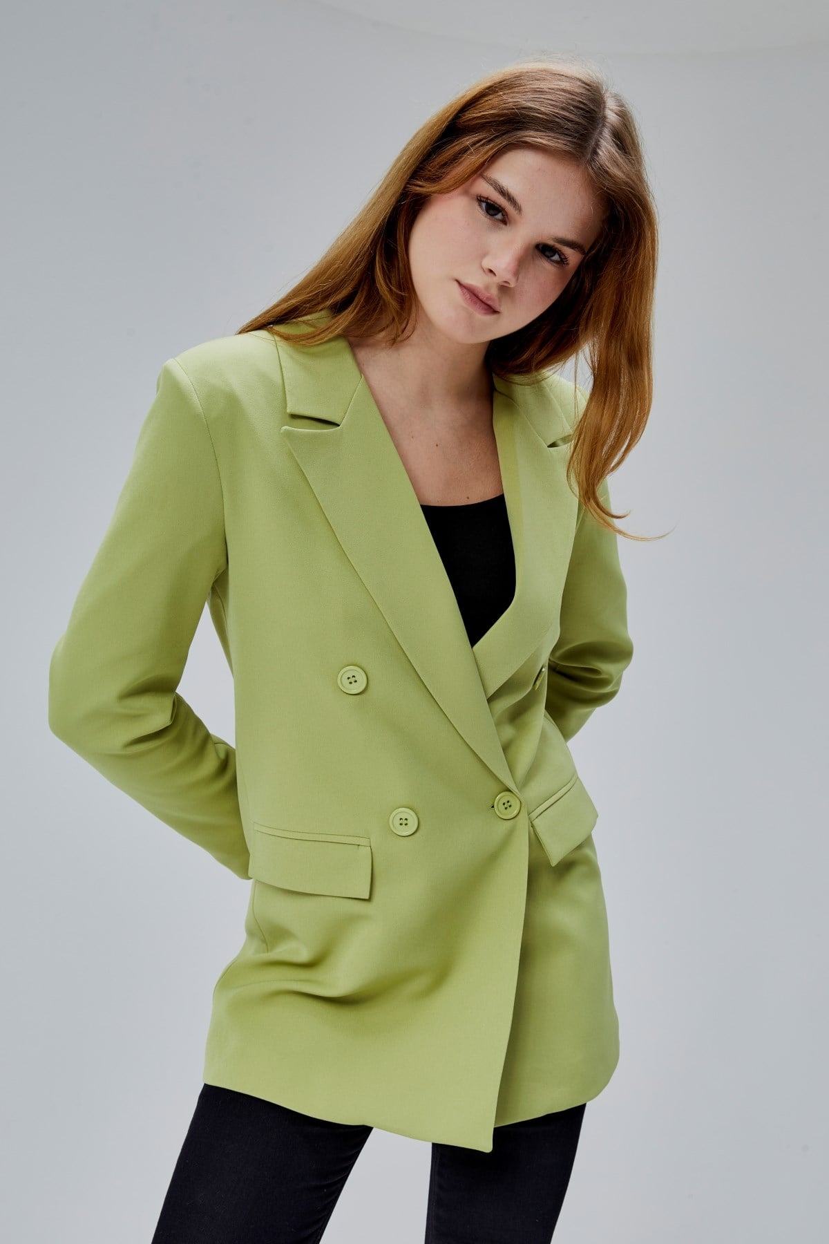 Açık Haki Regular Astarlı Kruvaze Kapama Dokuma Oversize Blazer Ceket