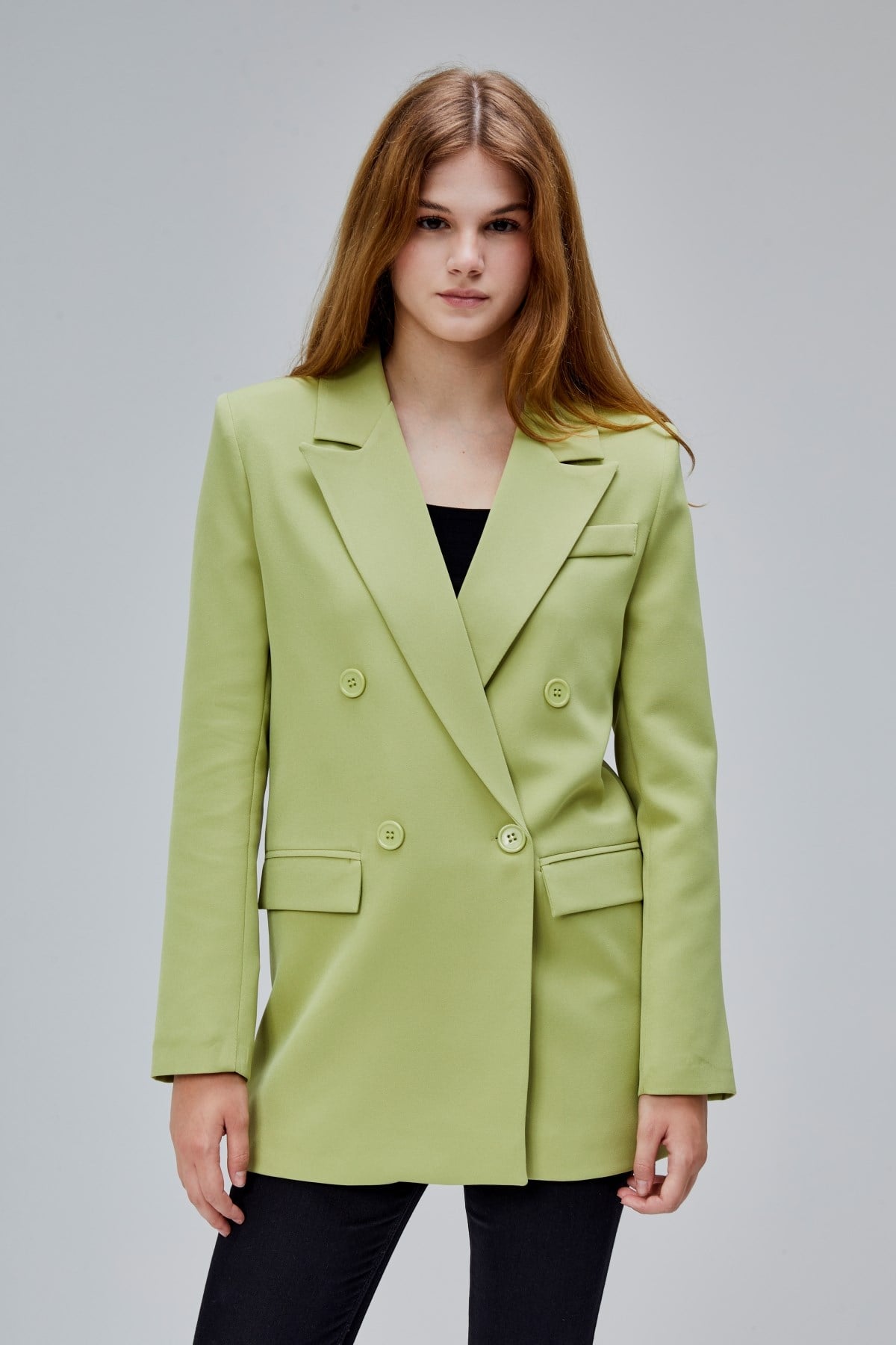 Açık Haki Regular Astarlı Kruvaze Kapama Dokuma Oversize Blazer Ceket