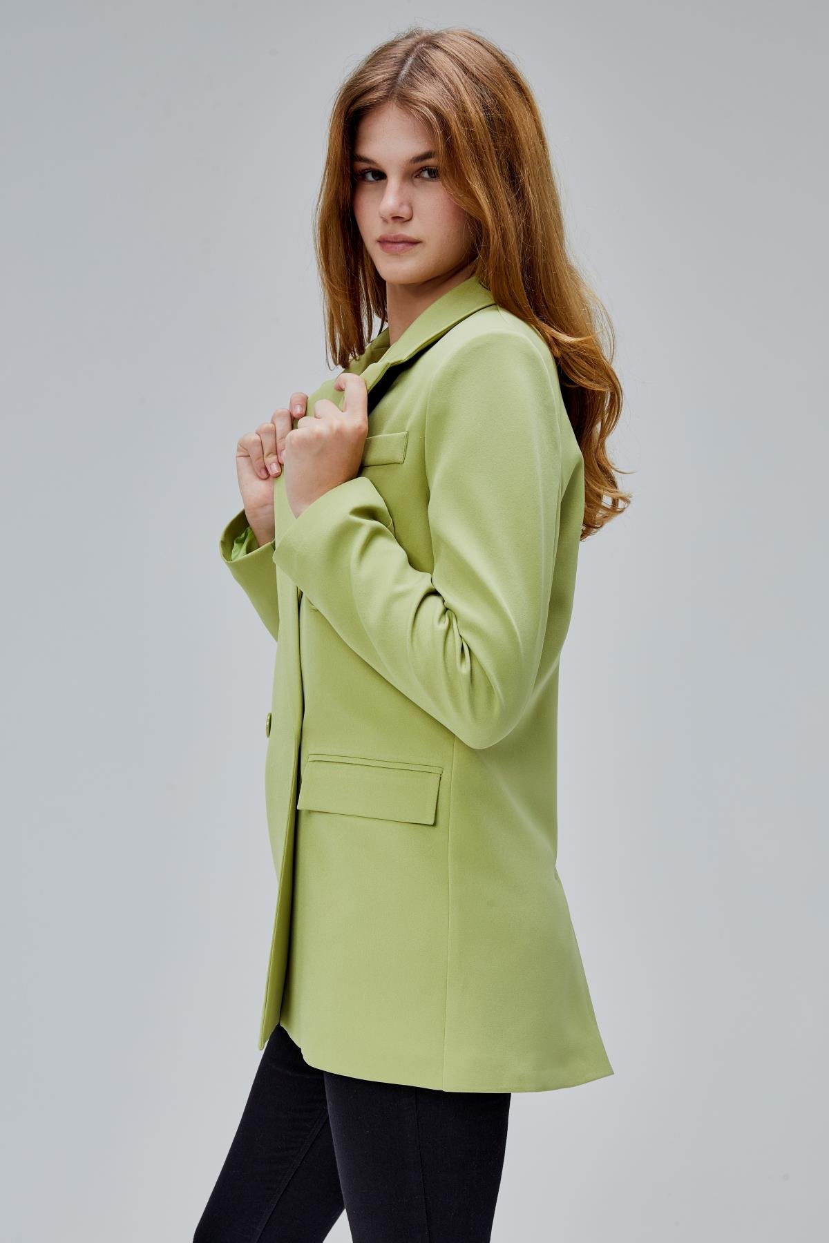 Açık Haki Regular Astarlı Kruvaze Kapama Dokuma Oversize Blazer Ceket
