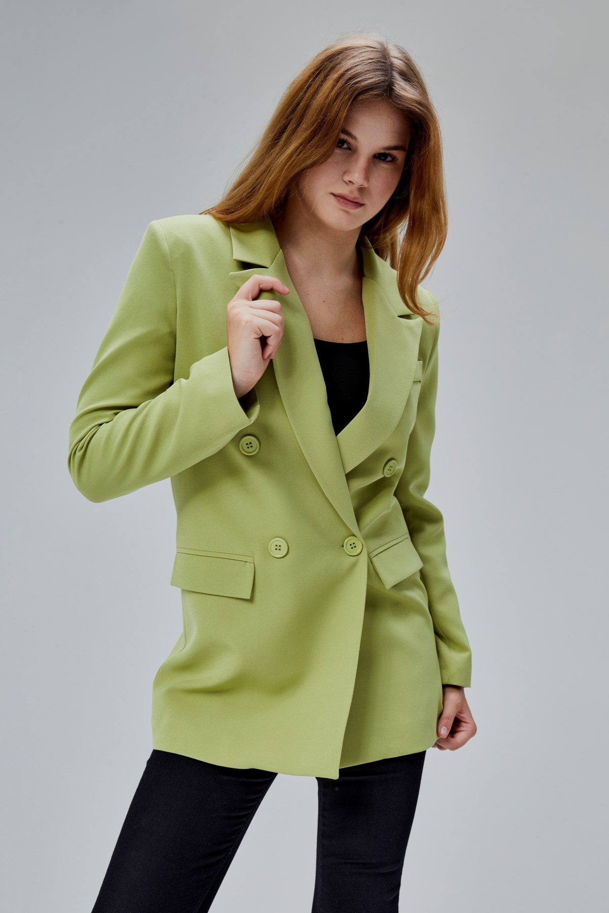Açık Haki Regular Astarlı Kruvaze Kapama Dokuma Oversize Blazer Ceket