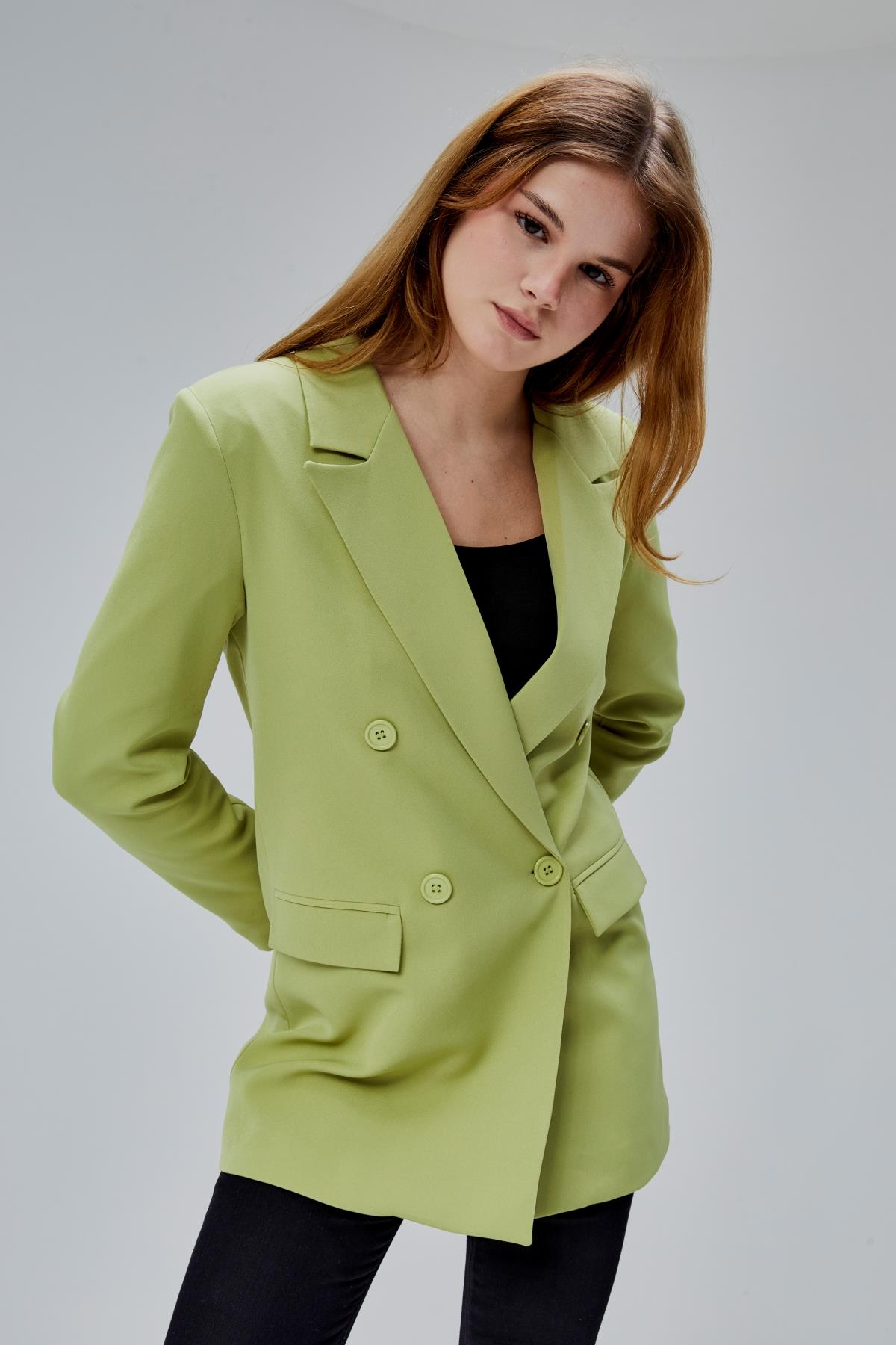Açık Haki Regular Astarlı Kruvaze Kapama Dokuma Oversize Blazer Ceket