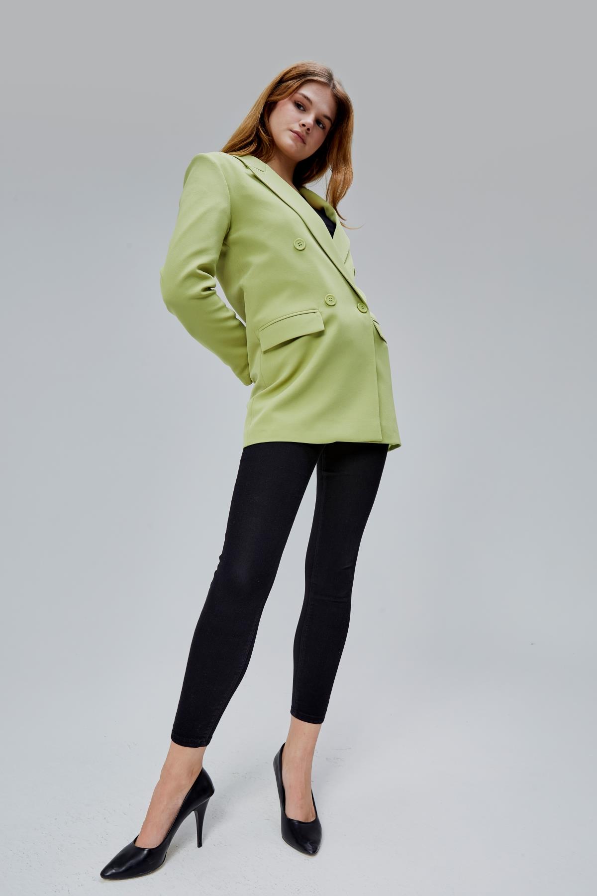 Açık Haki Regular Astarlı Kruvaze Kapama Dokuma Oversize Blazer Ceket